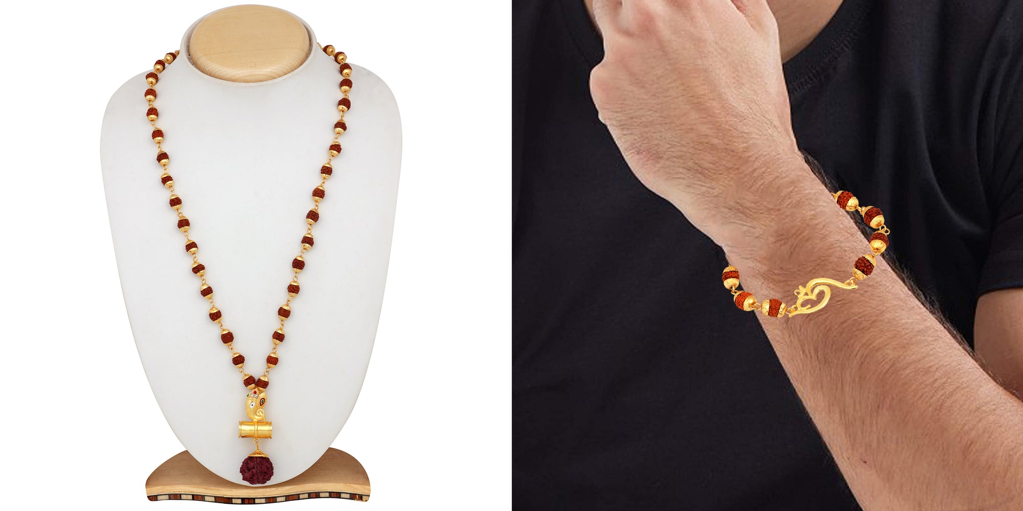 Combo of Om Bracelet and Shivji Damru Ganesha Pendant with 24 Inch Rudraksha Mala