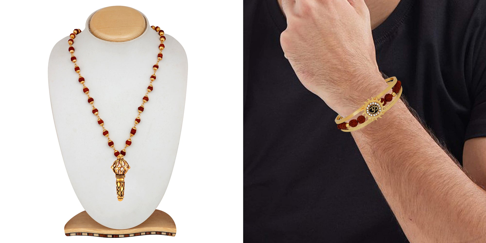 Combo of Om Sun Cuff Kada Bracelet and Hanuman Gada Pendant with 24 Inch Rudraksha Mala