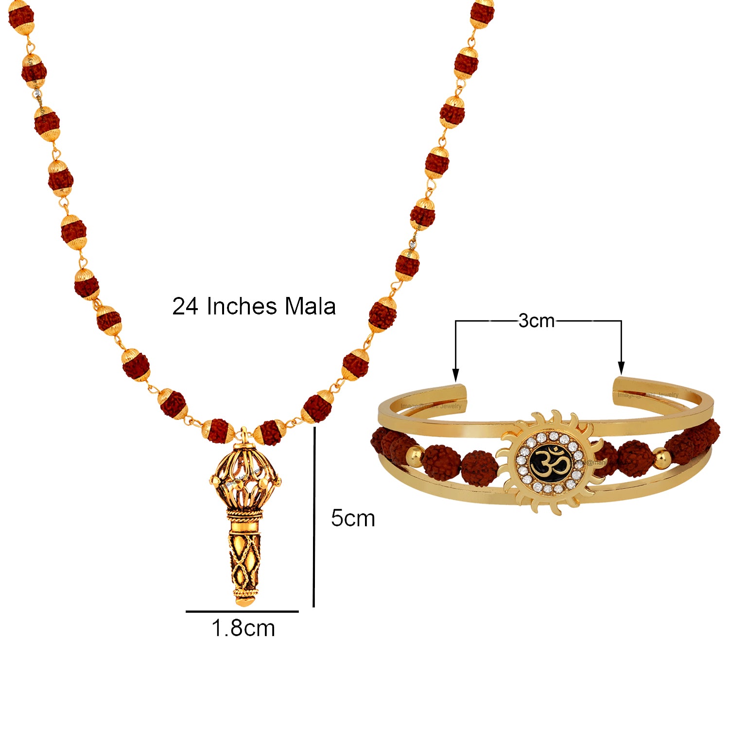 Combo of Om Sun Cuff Kada Bracelet and Hanuman Gada Pendant with 24 Inch Rudraksha Mala