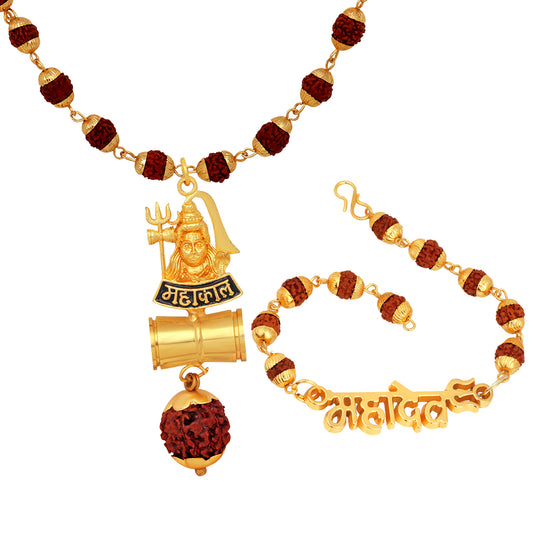 Combo of Mahadev Bracelet and Mahakal Shiva Damru Pendant with 24 Inch Rudraksha Mala