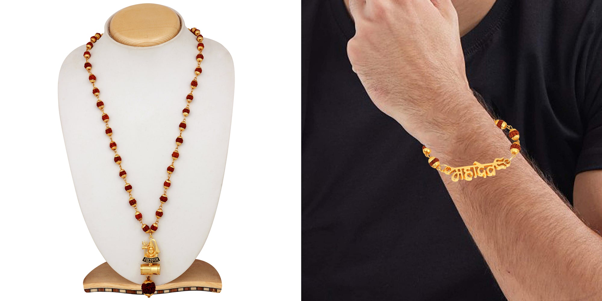 Combo of Mahadev Bracelet and Mahakal Shiva Damru Pendant with 24 Inch Rudraksha Mala
