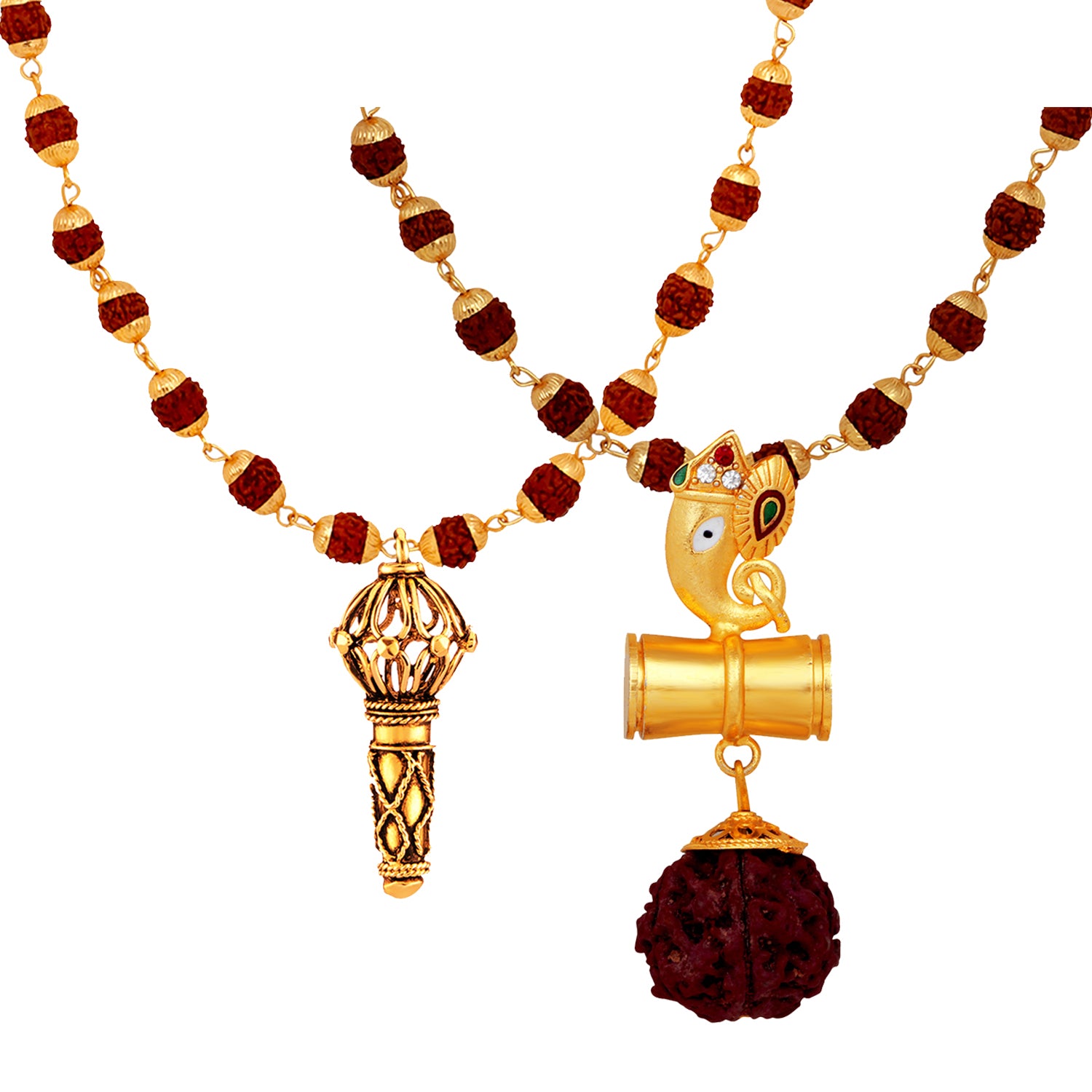 Combo of Hanuman Gada and Shivji Damru Ganesha Pendants with 24 Inch Rudraksha Mala