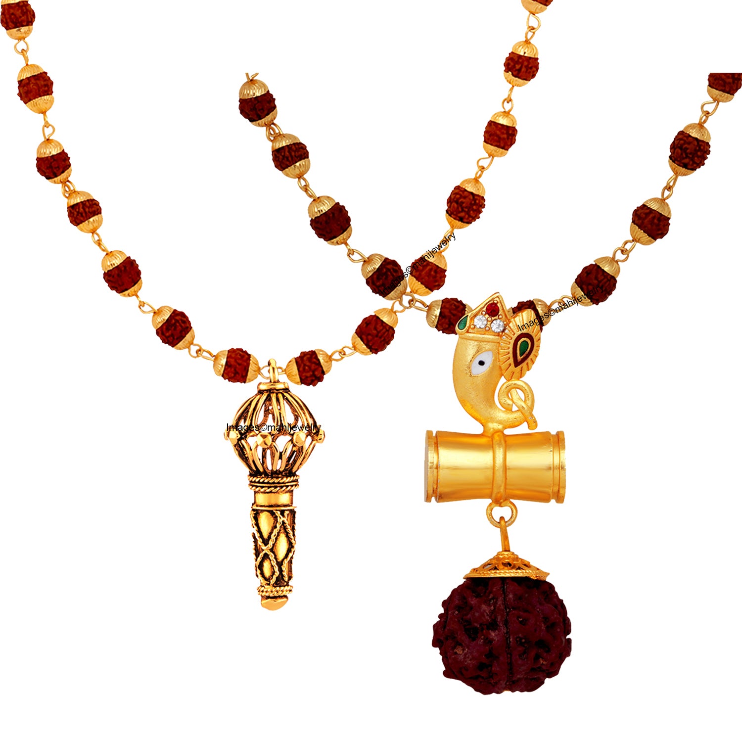 Combo of Hanuman Gada and Shivji Damru Ganesha Pendants with 24 Inch Rudraksha Mala