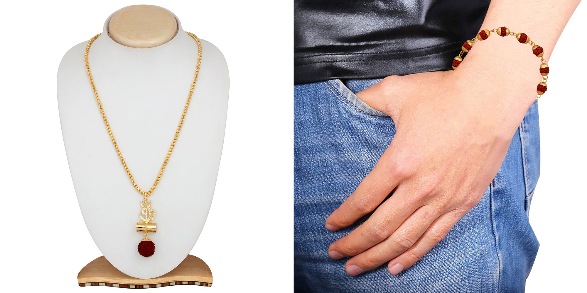 Combo of Trishul Om Pendant with 20 Inch Rope Chain and Rudraksha Bracelet