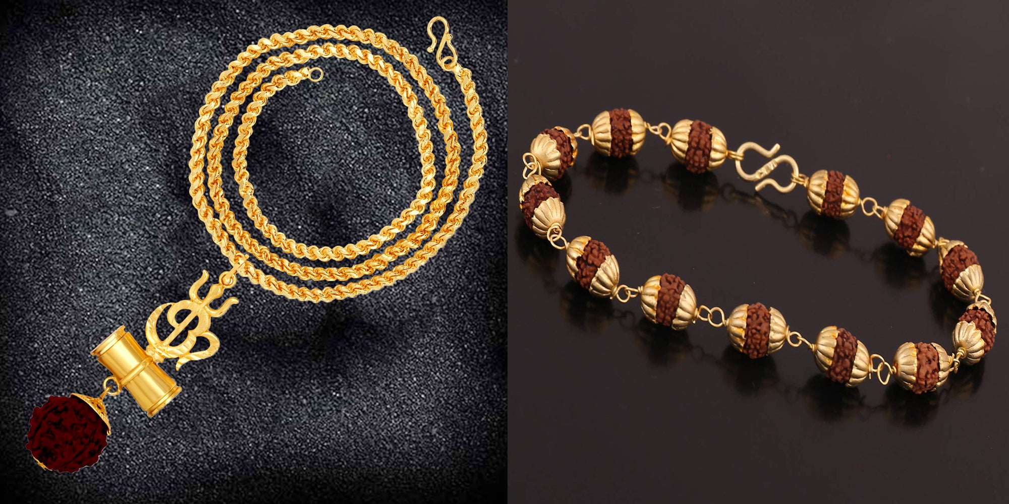 Combo of Trishul Om Pendant with 20 Inch Rope Chain and Rudraksha Bracelet