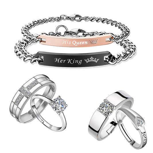 His Queen Her King Bracelet and Couple Rings