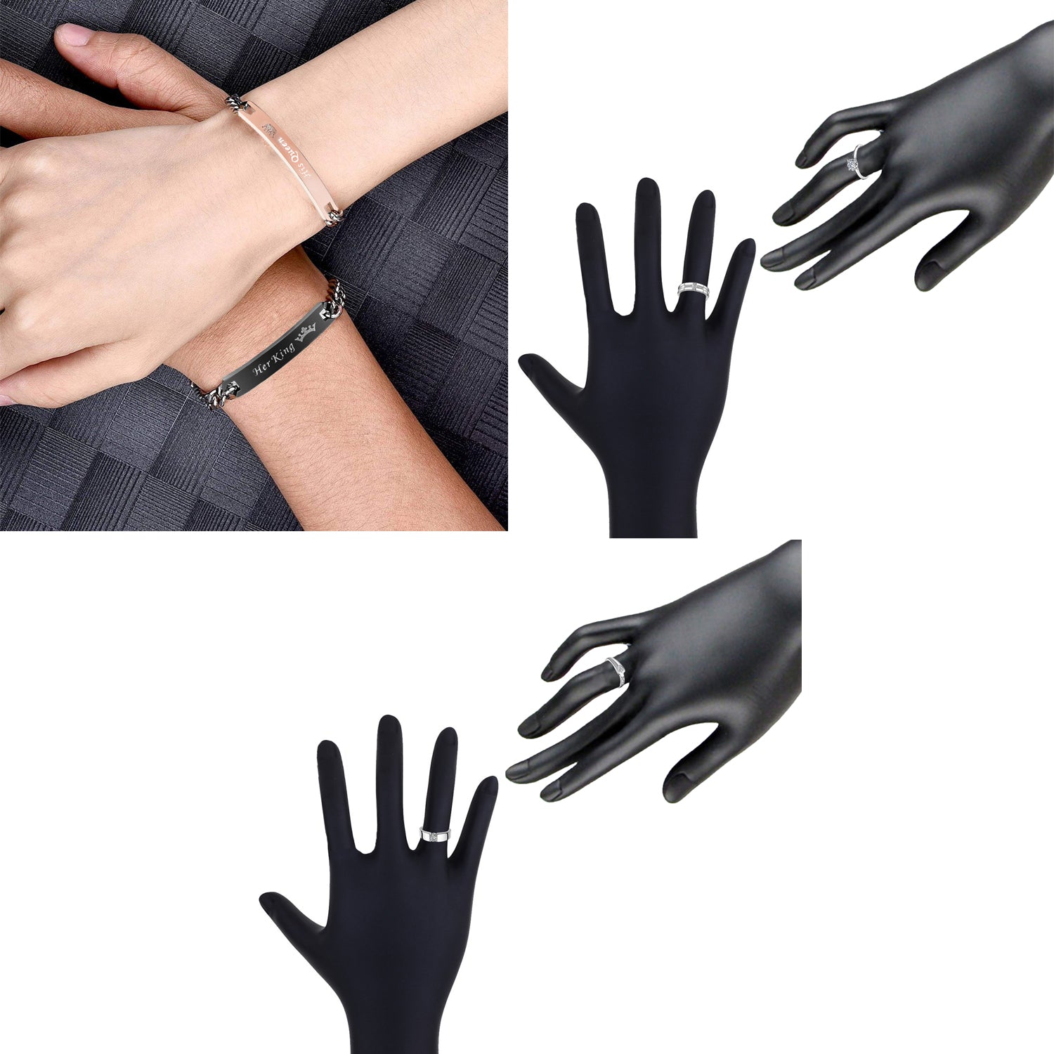 His Queen Her King Bracelet and Couple Rings