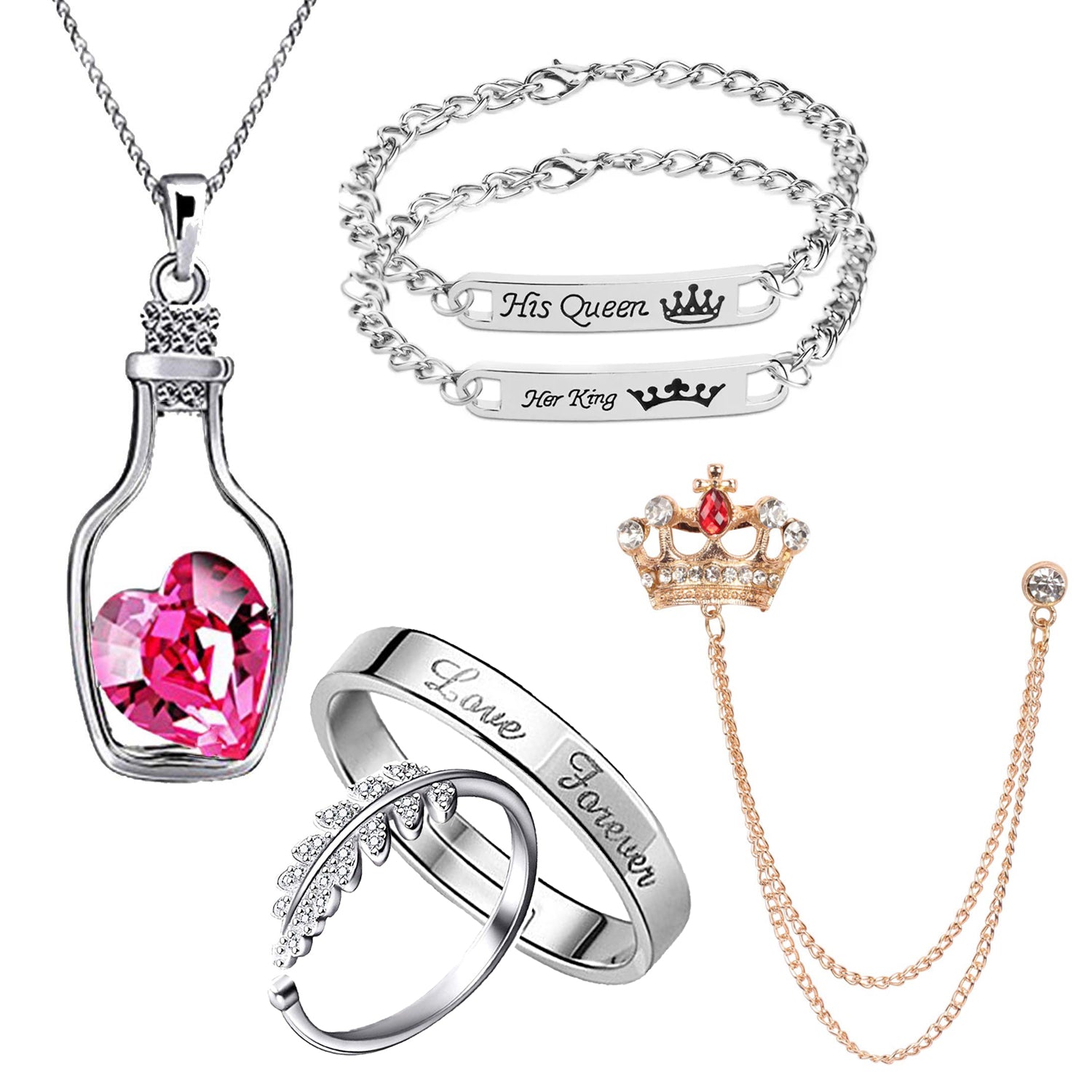 His Queen Her King Bracelet Chain Crown Brooch Bottle Penant and Couple Ring