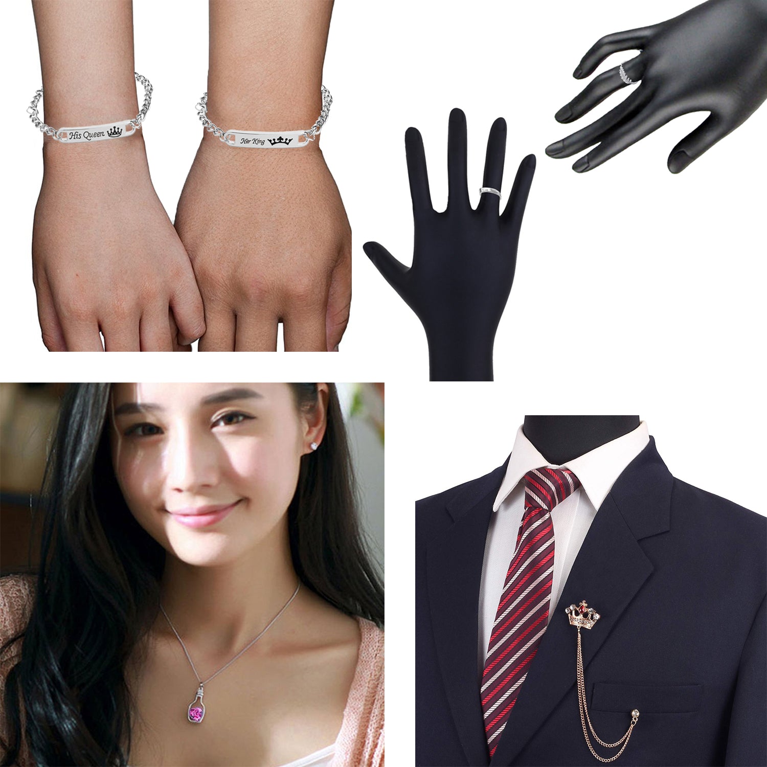 His Queen Her King Bracelet Chain Crown Brooch Bottle Penant and Couple Ring