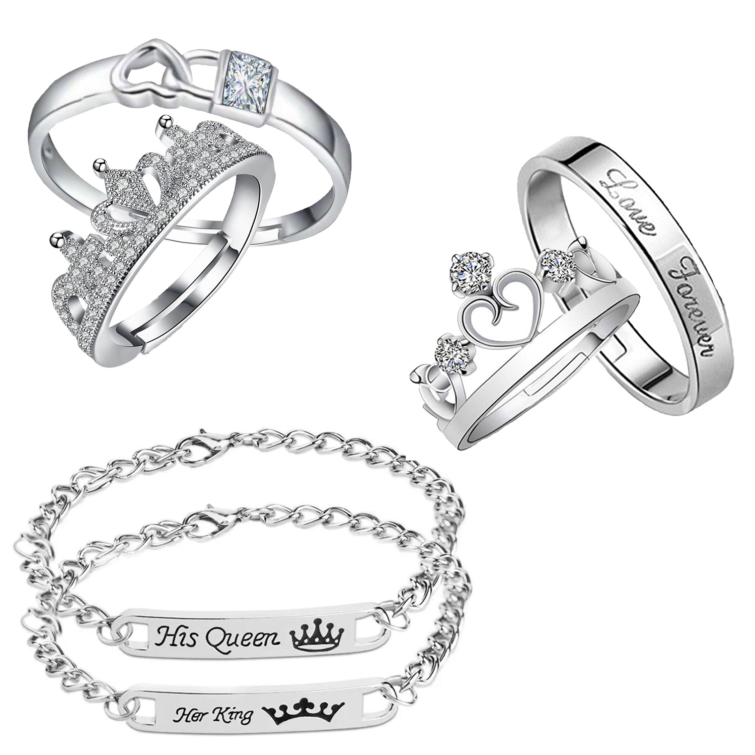 His Queen Her King Bracelet and Couple Rings