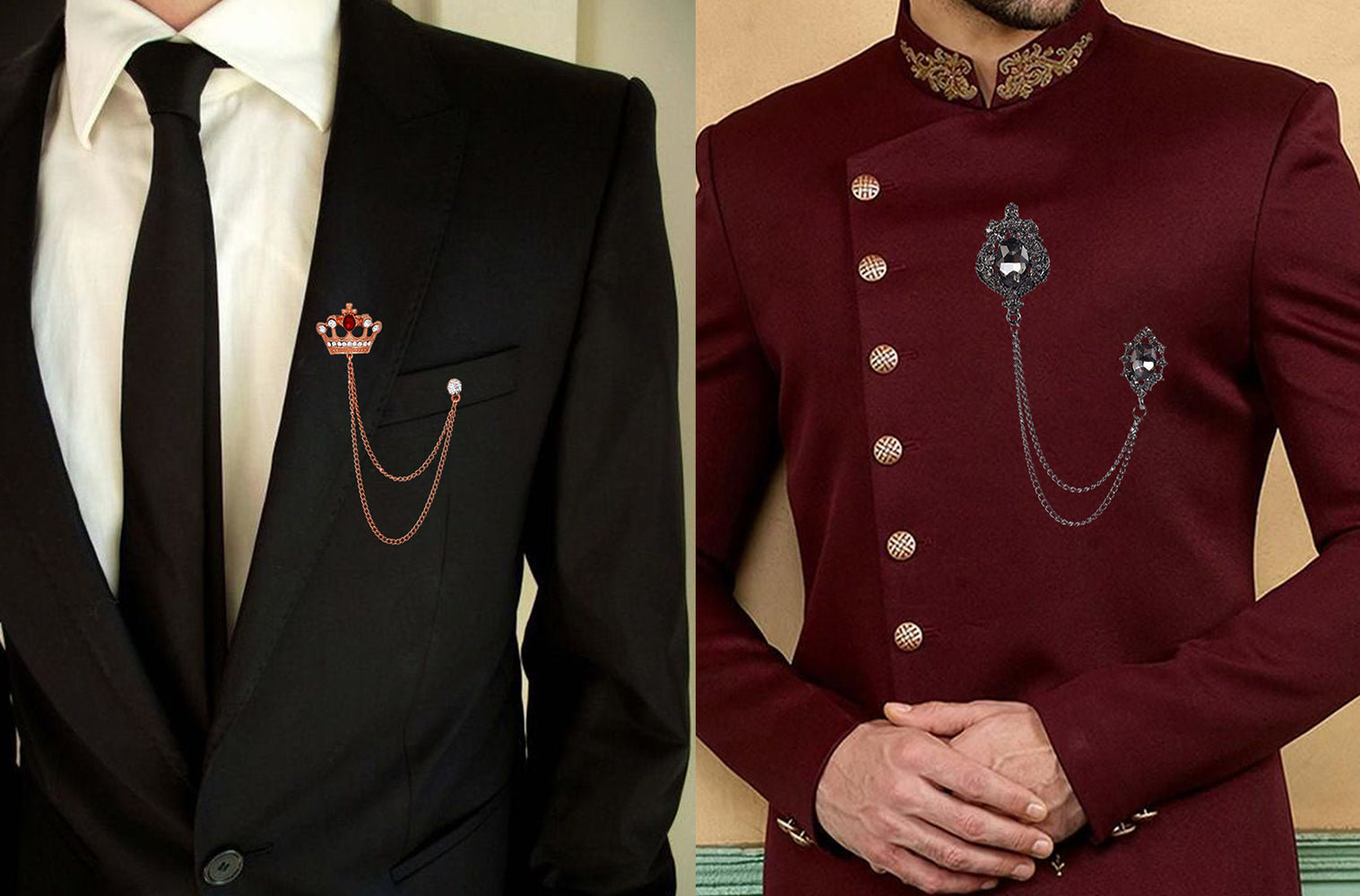 Combo of Crown Shield Long Double Layer Chain Wedding Occasion Brooch