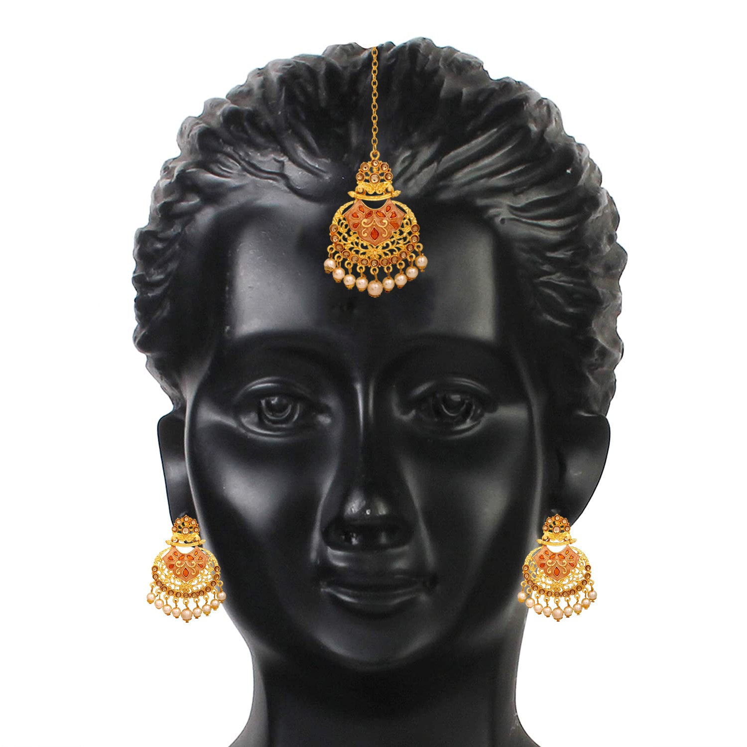 Traditional Dangler Pearl and Meenakari Work Maang Tikka and Earrings Set