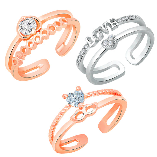 Combo of Dual Band Love Heart 3 Adjustable Finger Rings