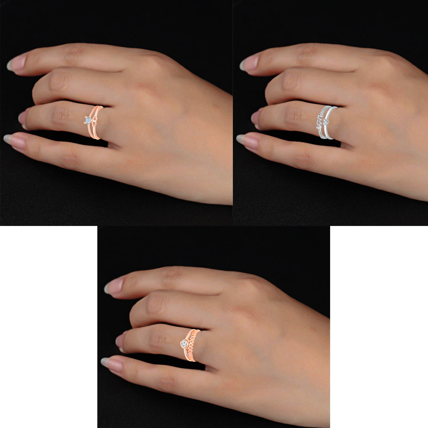 Combo of Dual Band Love Heart 3 Adjustable Finger Rings