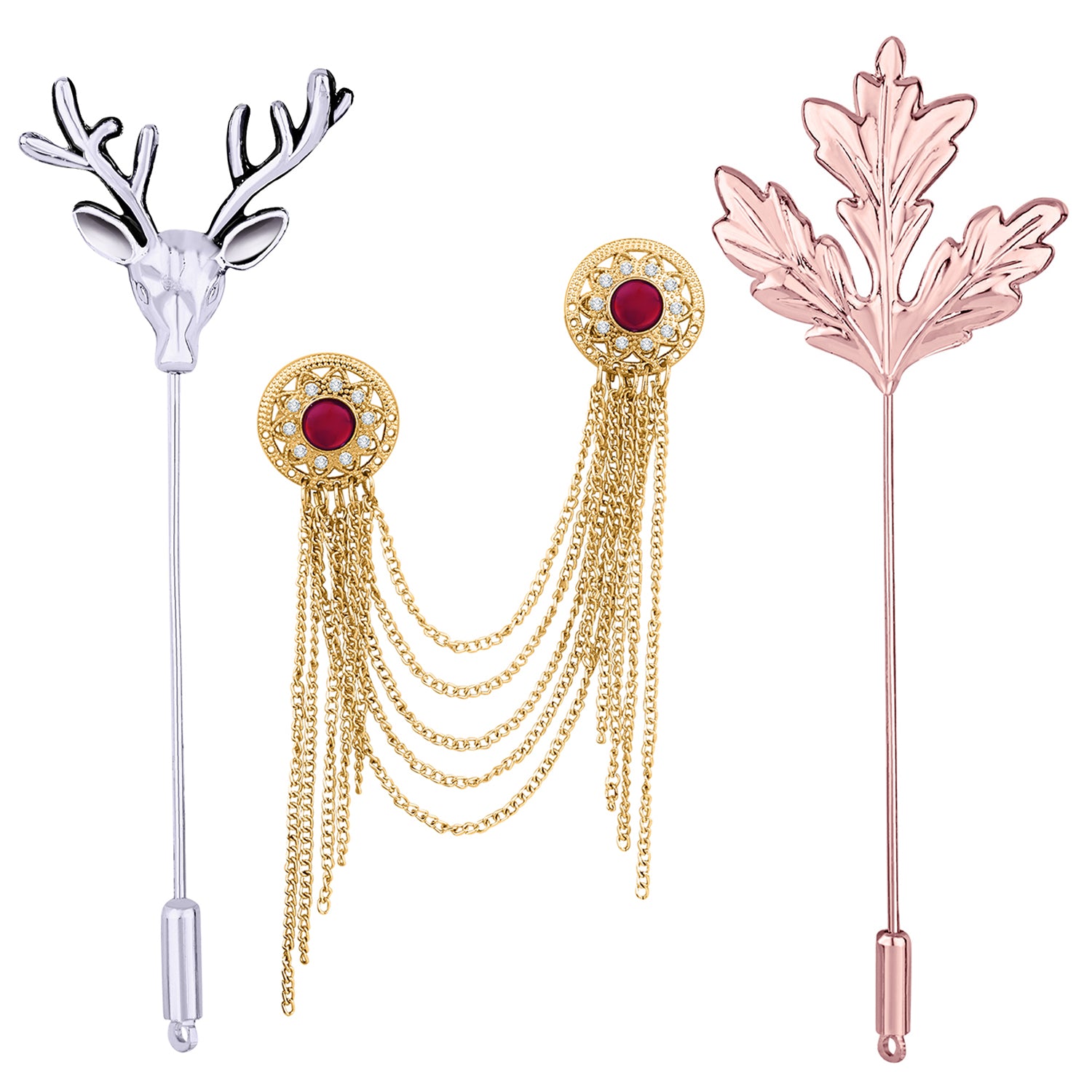 Layered Chain, Mapel Leaf and Deer Face Shaped Lapel Pin / Brooch