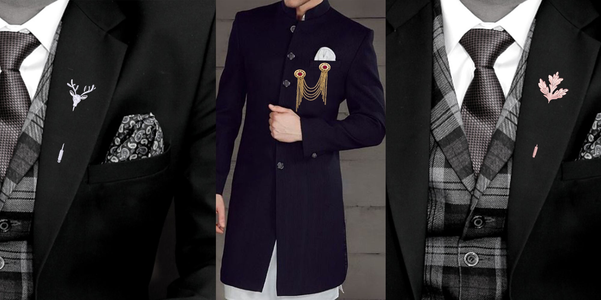 Layered Chain, Mapel Leaf and Deer Face Shaped Lapel Pin / Brooch