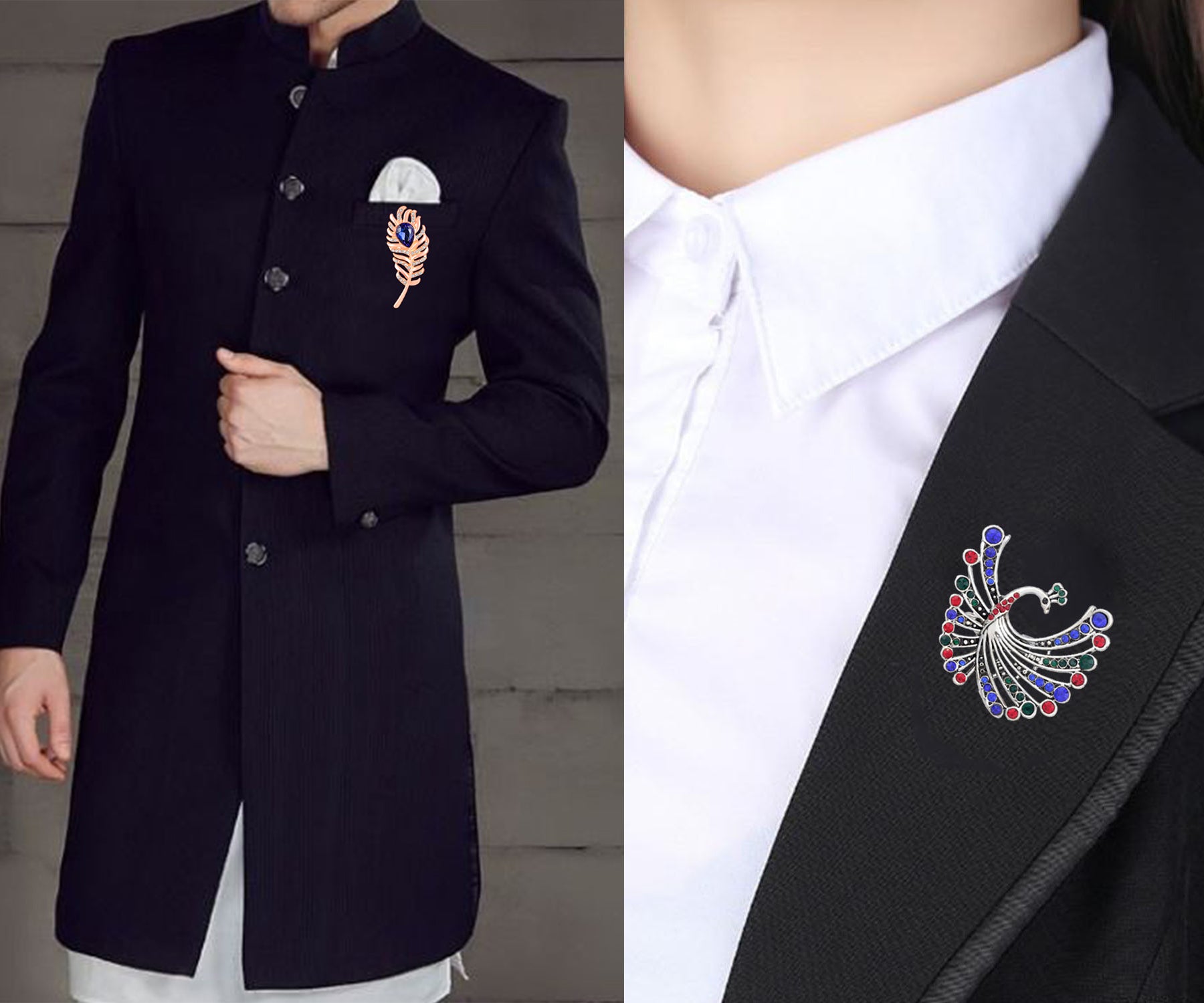 Peacock and Peacock Feather Shaped Lapel Pin / Brooch
