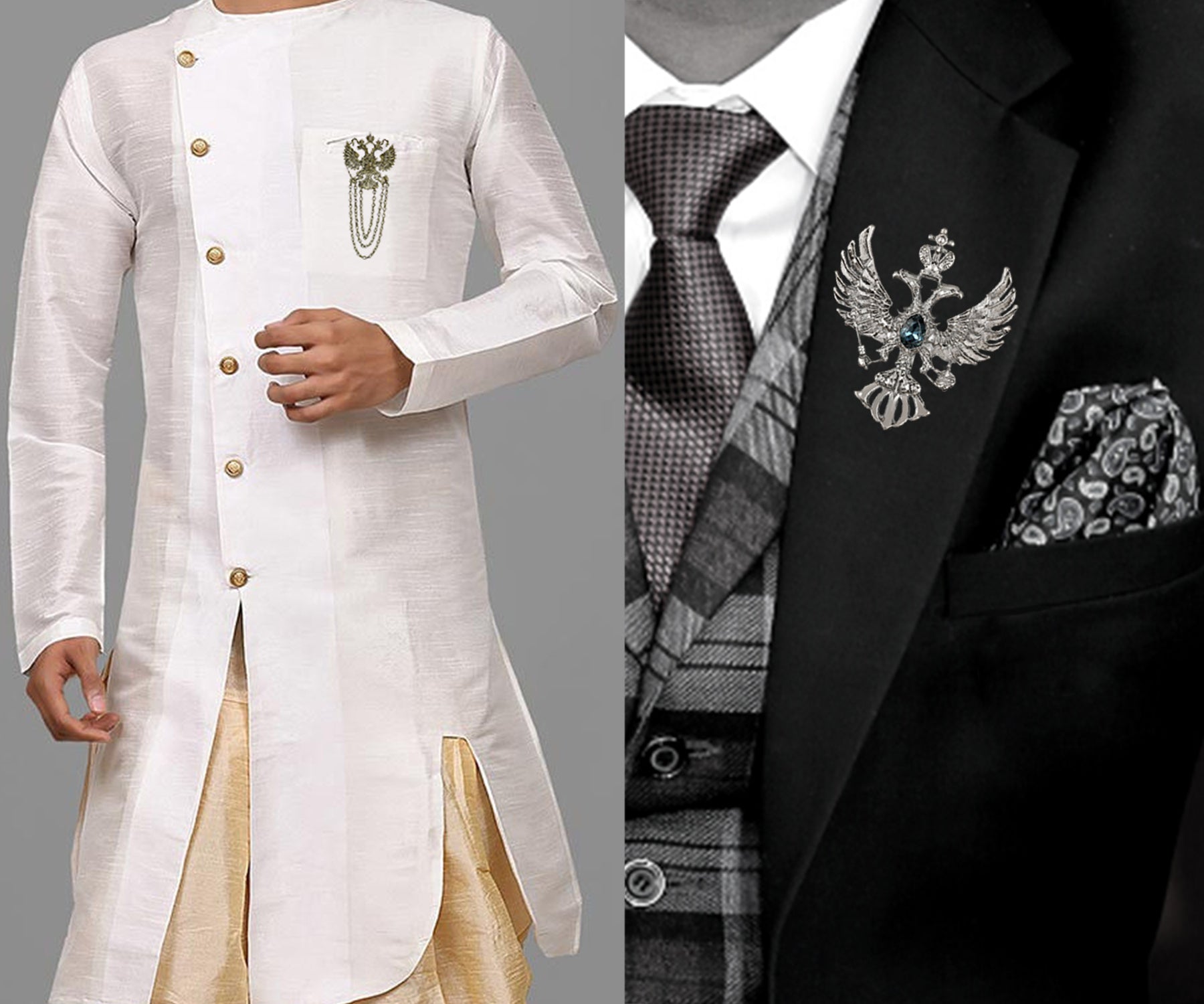 Dual Head Flying Eagle Shaped Layered Chain Lapel Pin / Brooch