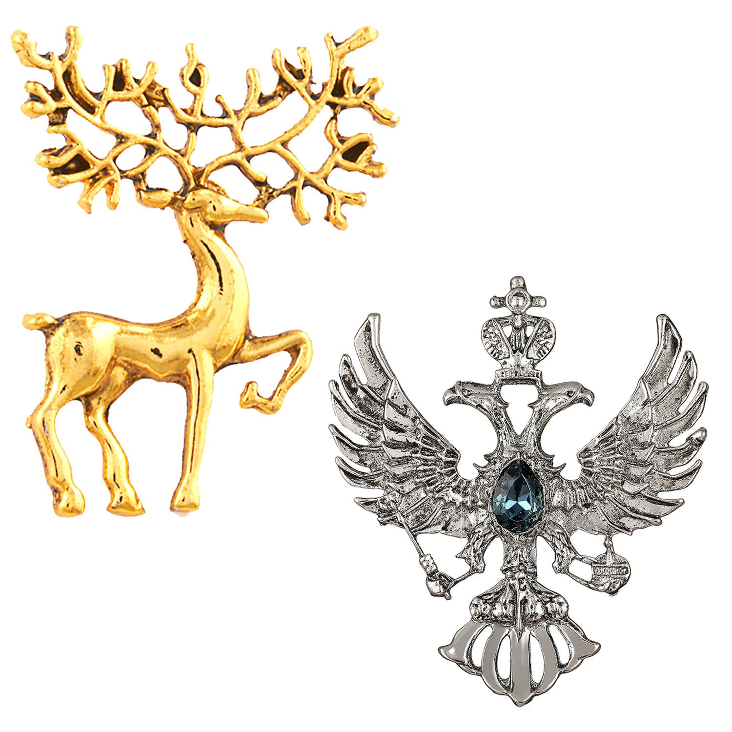 Deer and Dual Eagle Head Shaped Lapel Pin / Brooch