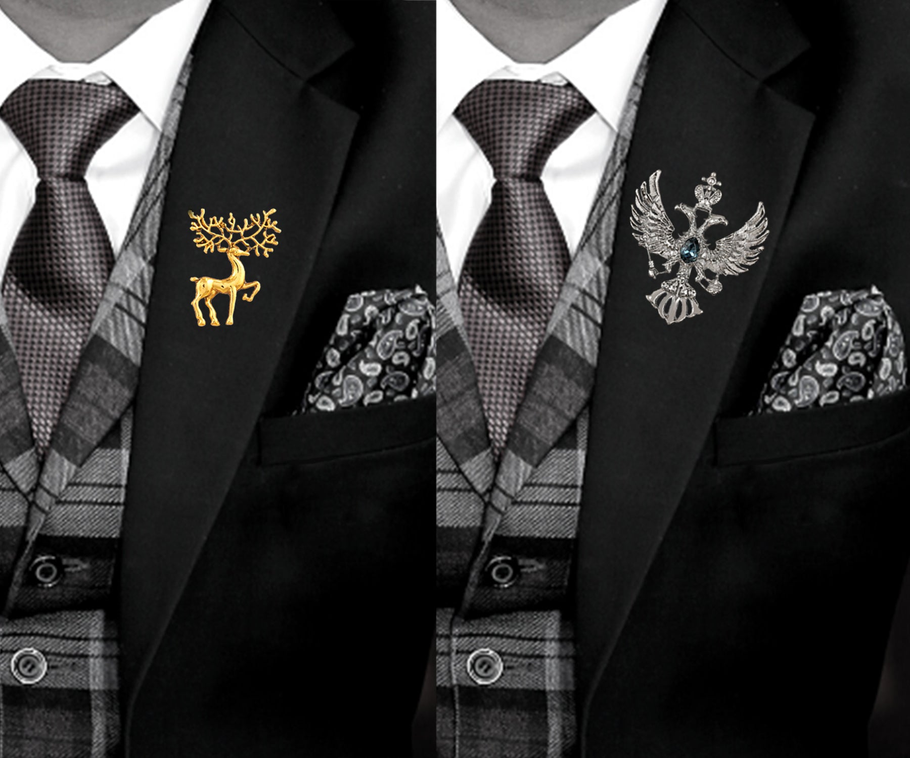 Deer and Dual Eagle Head Shaped Lapel Pin / Brooch