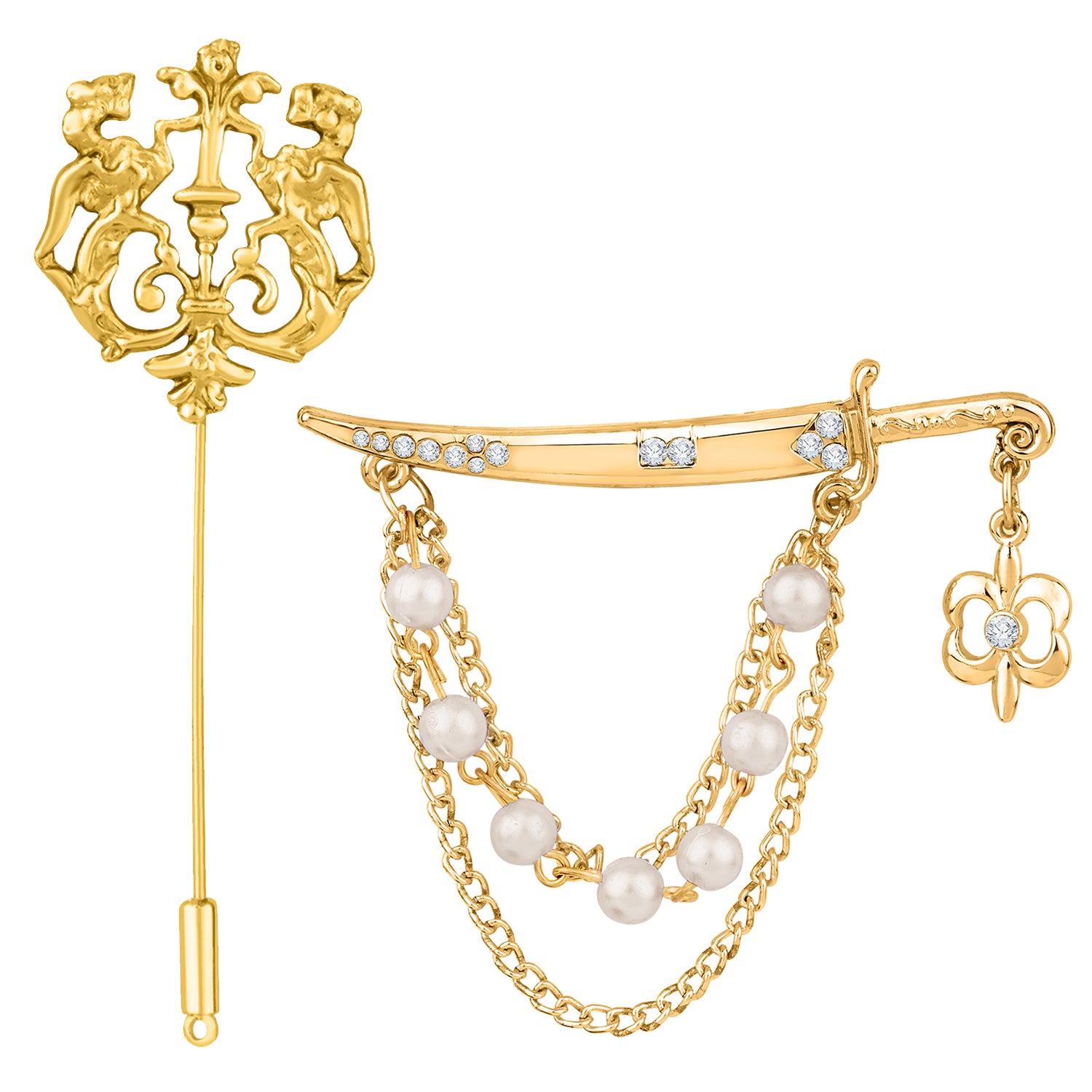 Sword and Royal Lion Shaped Layered Chain Brooch / Lapel Pin