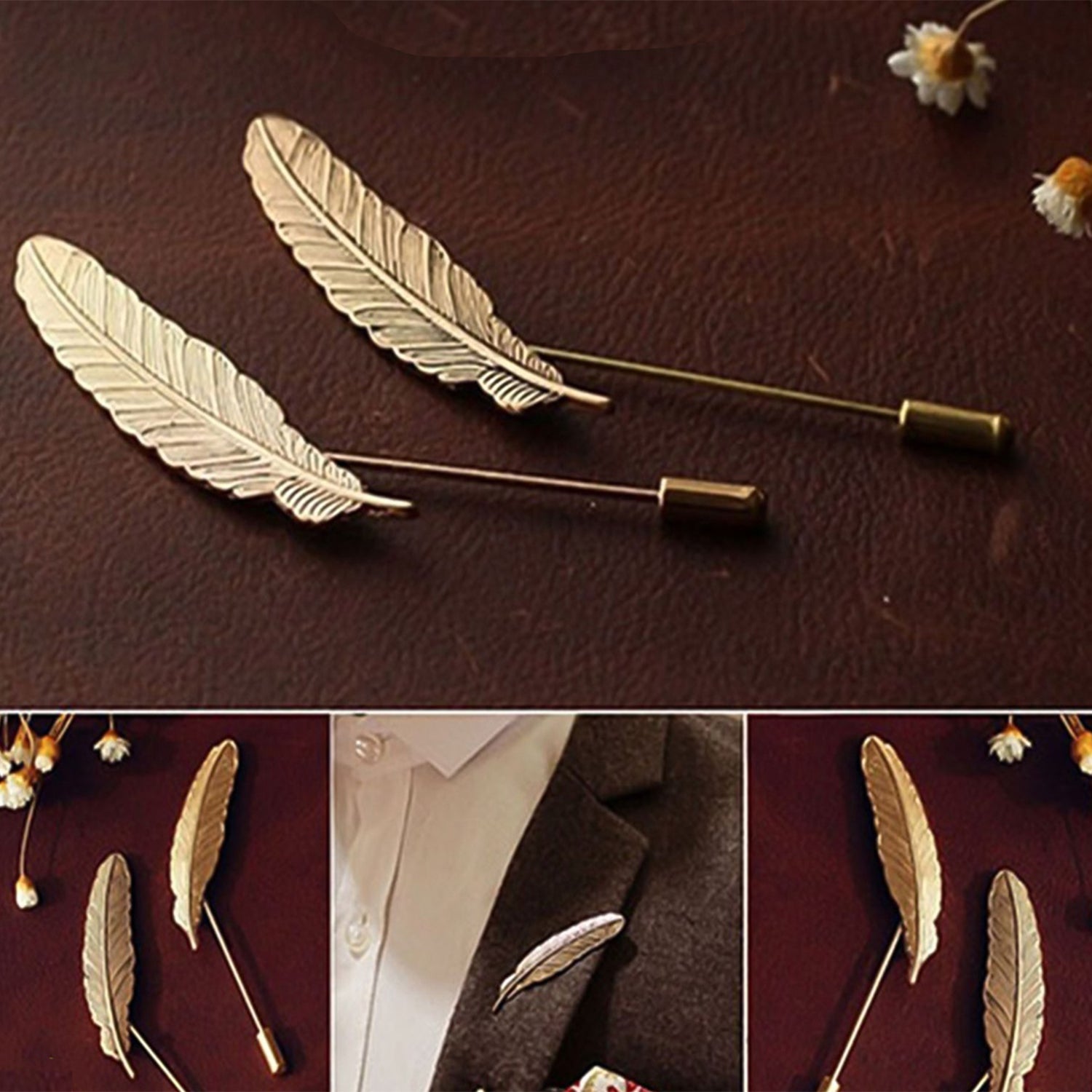 Combo of 2 Gold Color Leafy Lapel Pins / Brooches