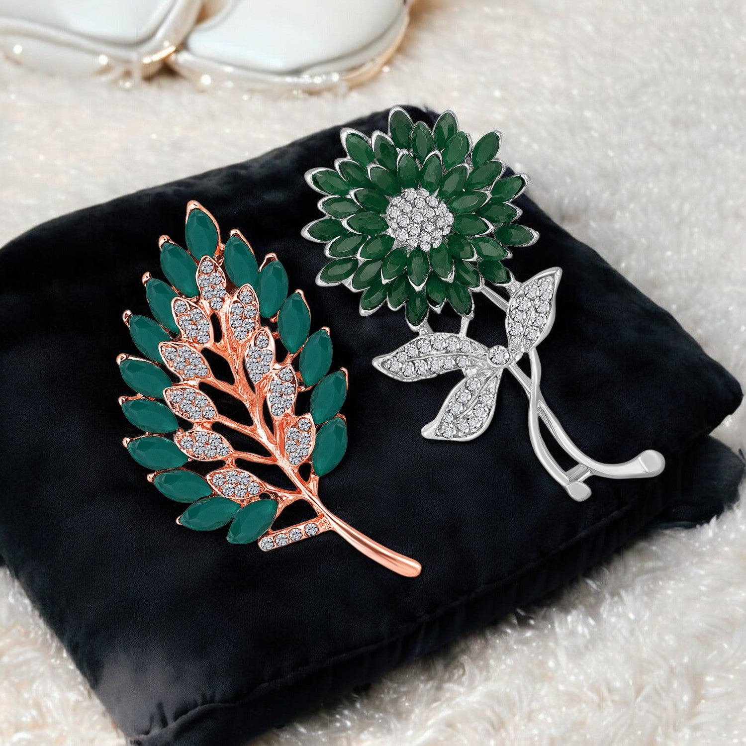 Combo of Leaf and Sunflower Shape Studed Wedding Brooch / Lapel Pin