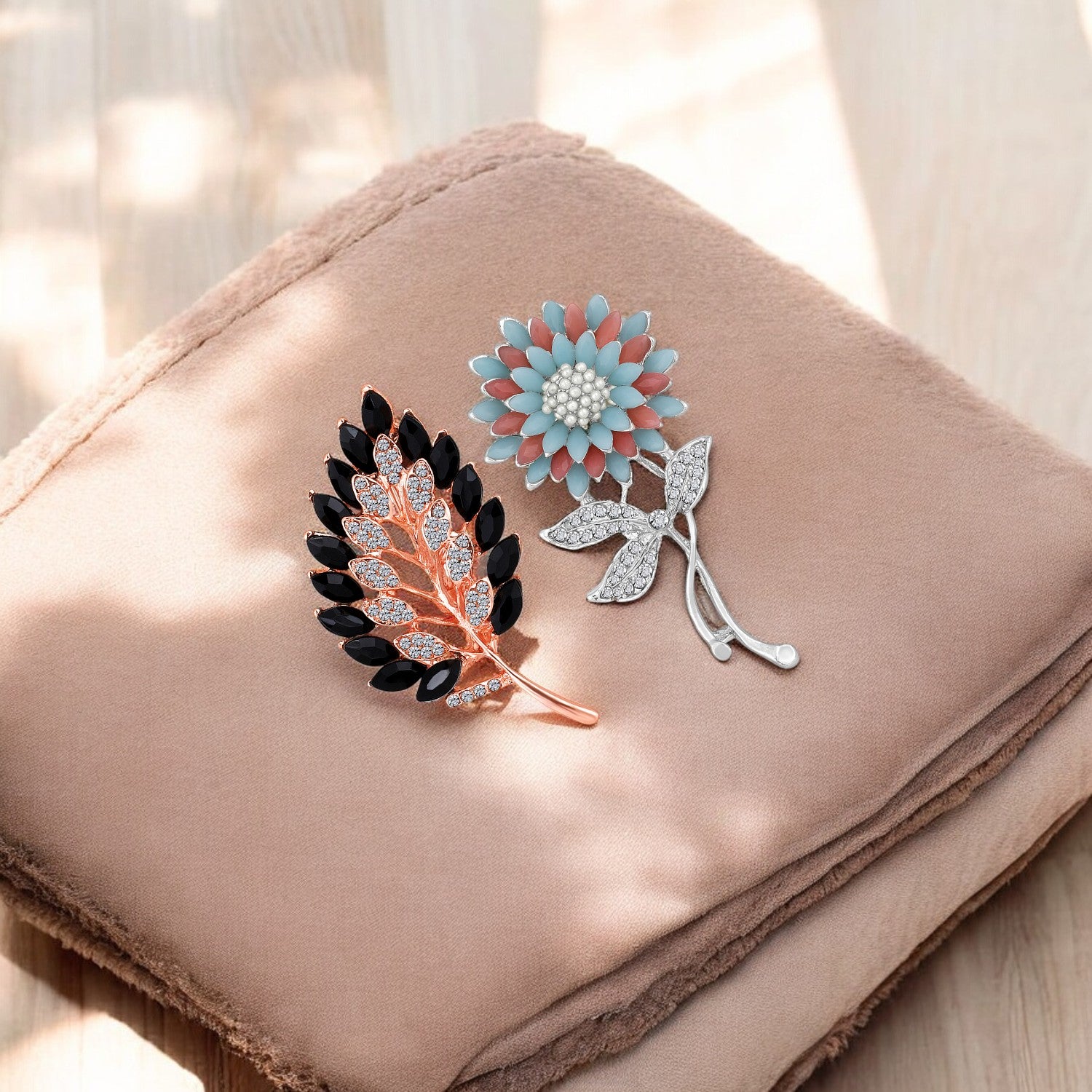 Combo of Leaf and Sunflower Shape Studed Wedding Brooch / Lapel Pin