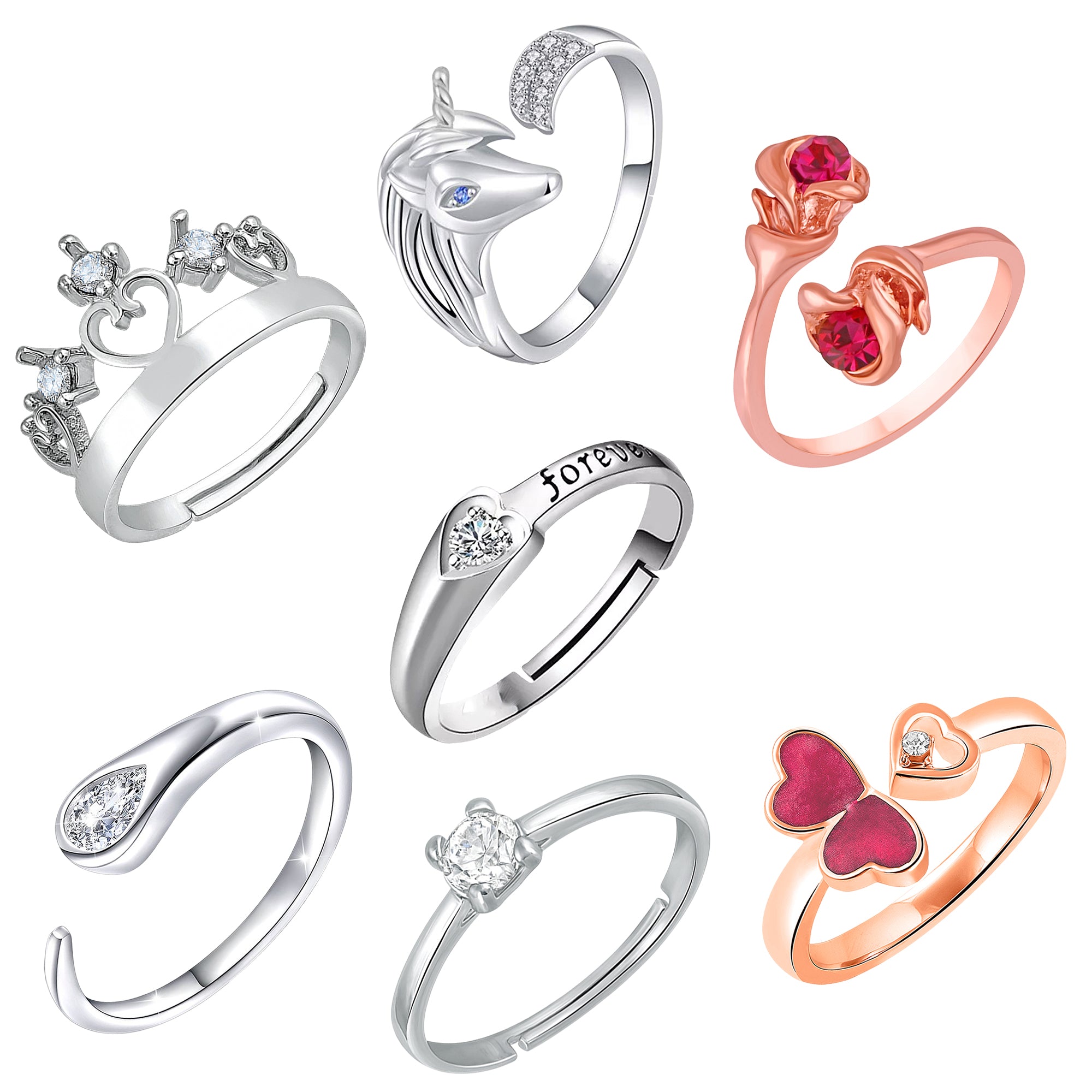 Set of 7 Designers Adjustable Finger Rings Set