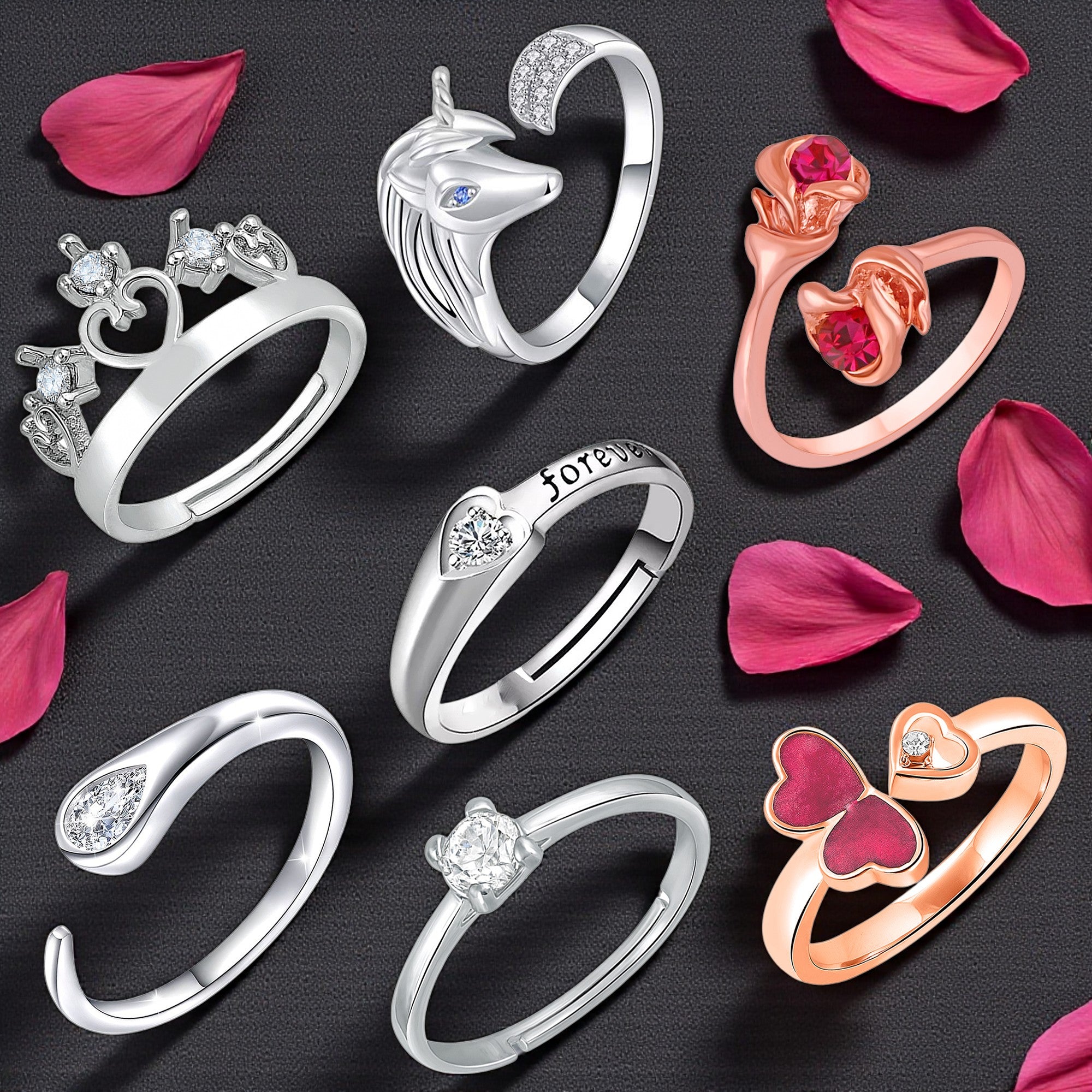 Set of 7 Designers Adjustable Finger Rings Set