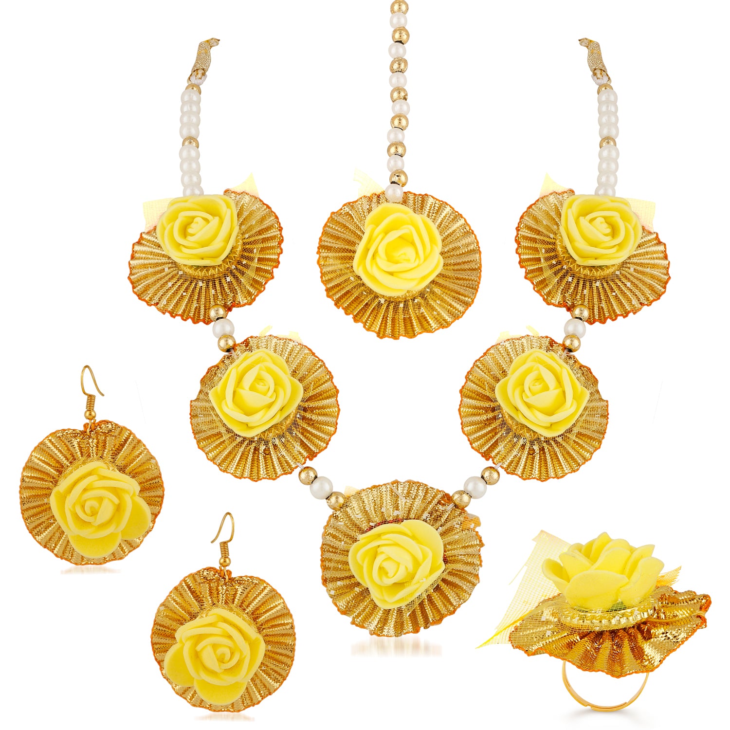 Gotta Patti Yellow Floret Pearl Jewellery set combo