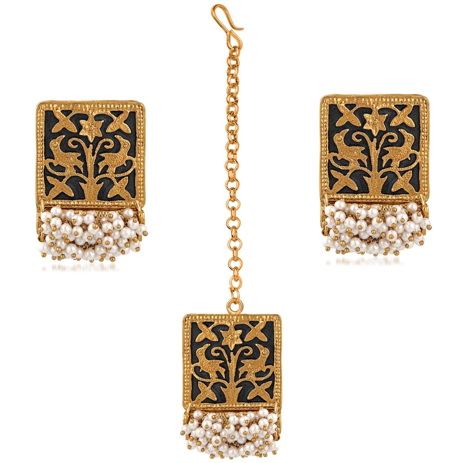 Meenakari Work Rectangular Shape Maangtikka & Earrings