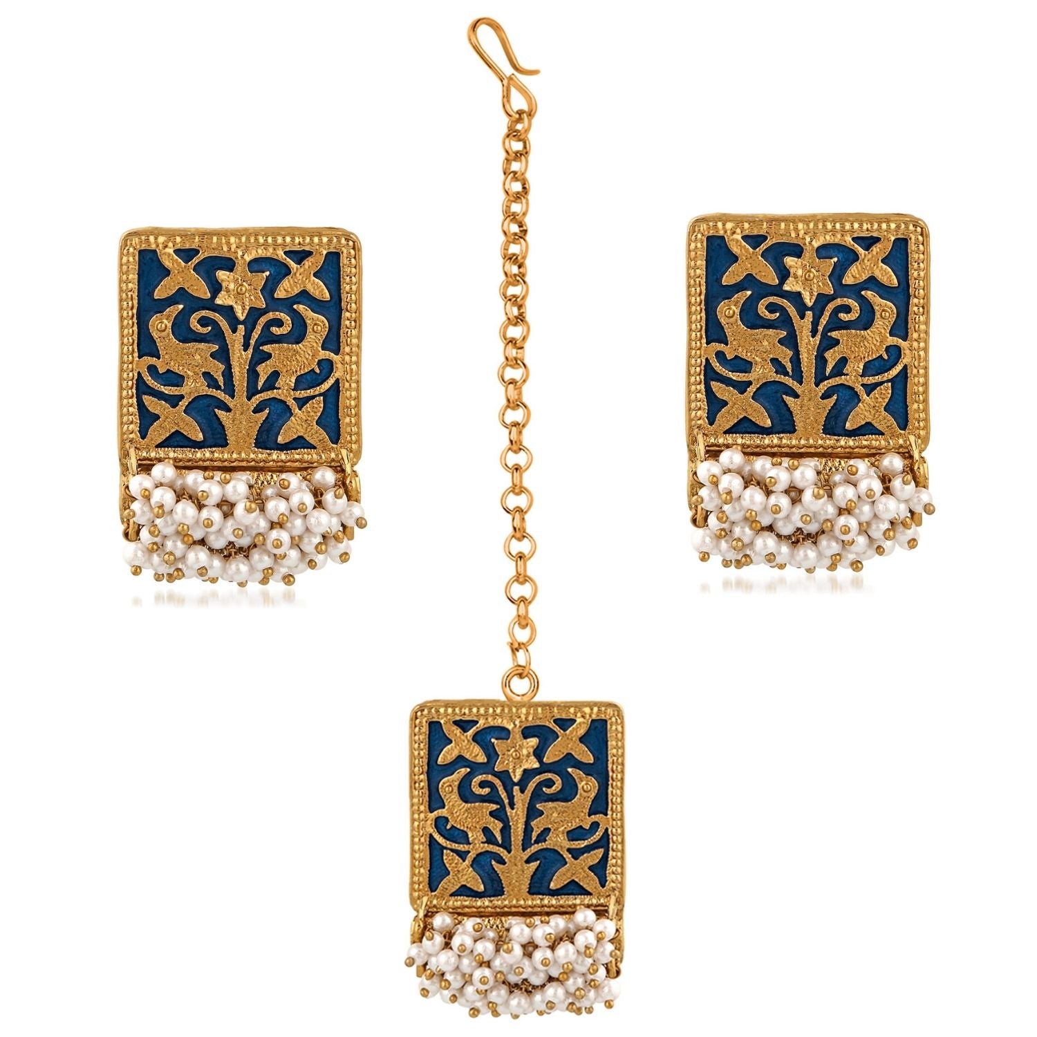 Meenakari Work Rectangular Shape Maangtikka & Earrings