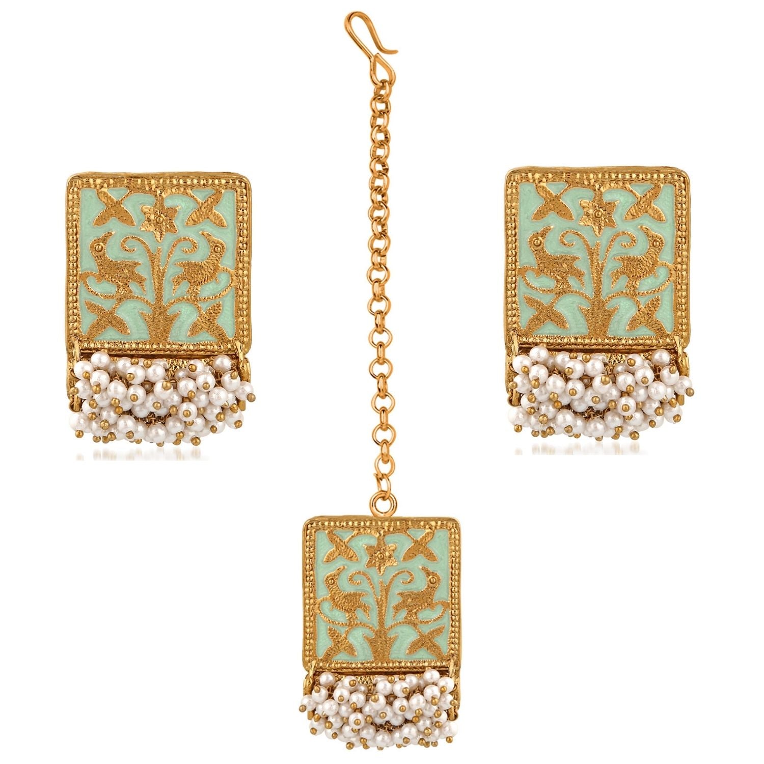 Meenakari Work Rectangular Shape Maangtikka & Earrings