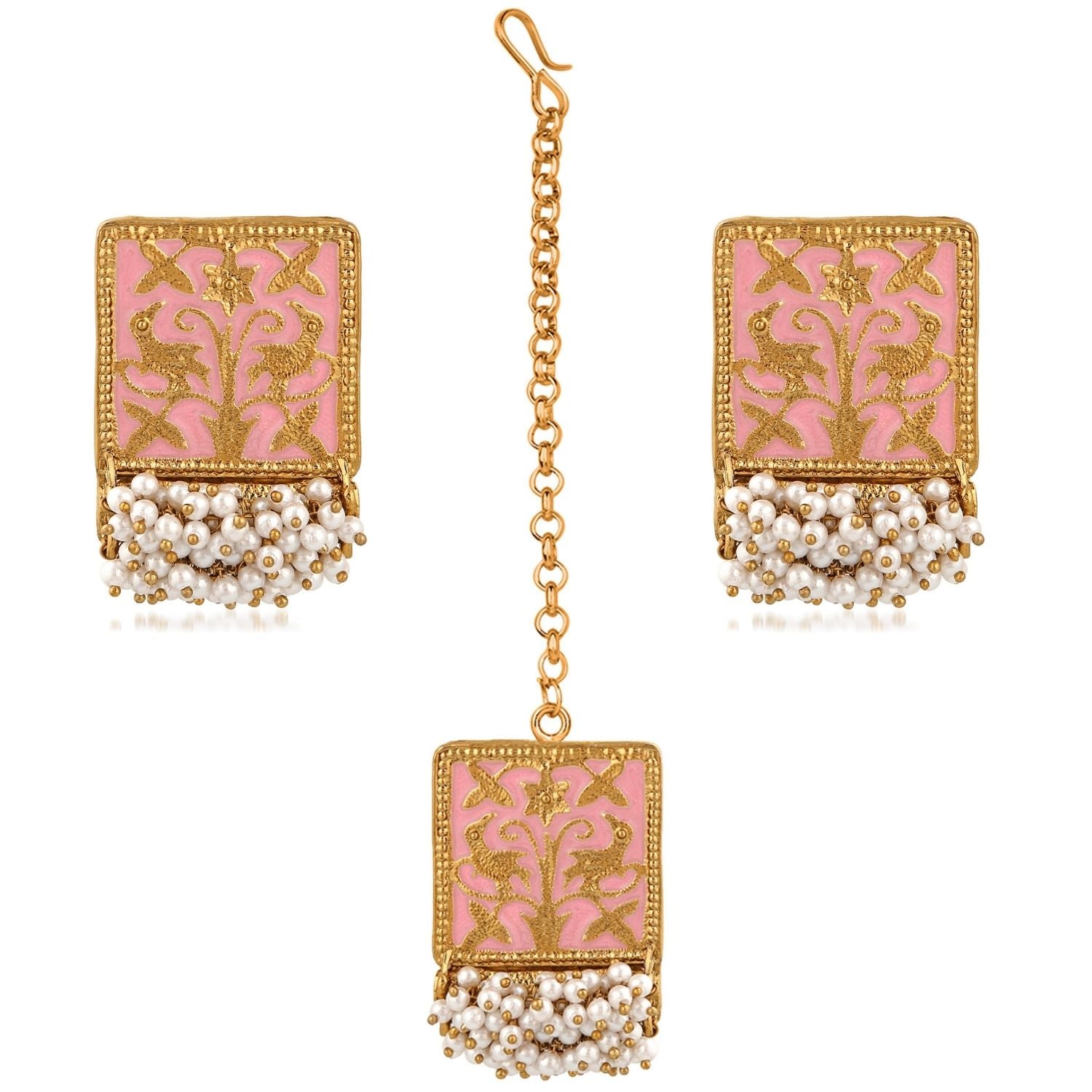 Meenakari Work Rectangular Shape Maangtikka & Earrings