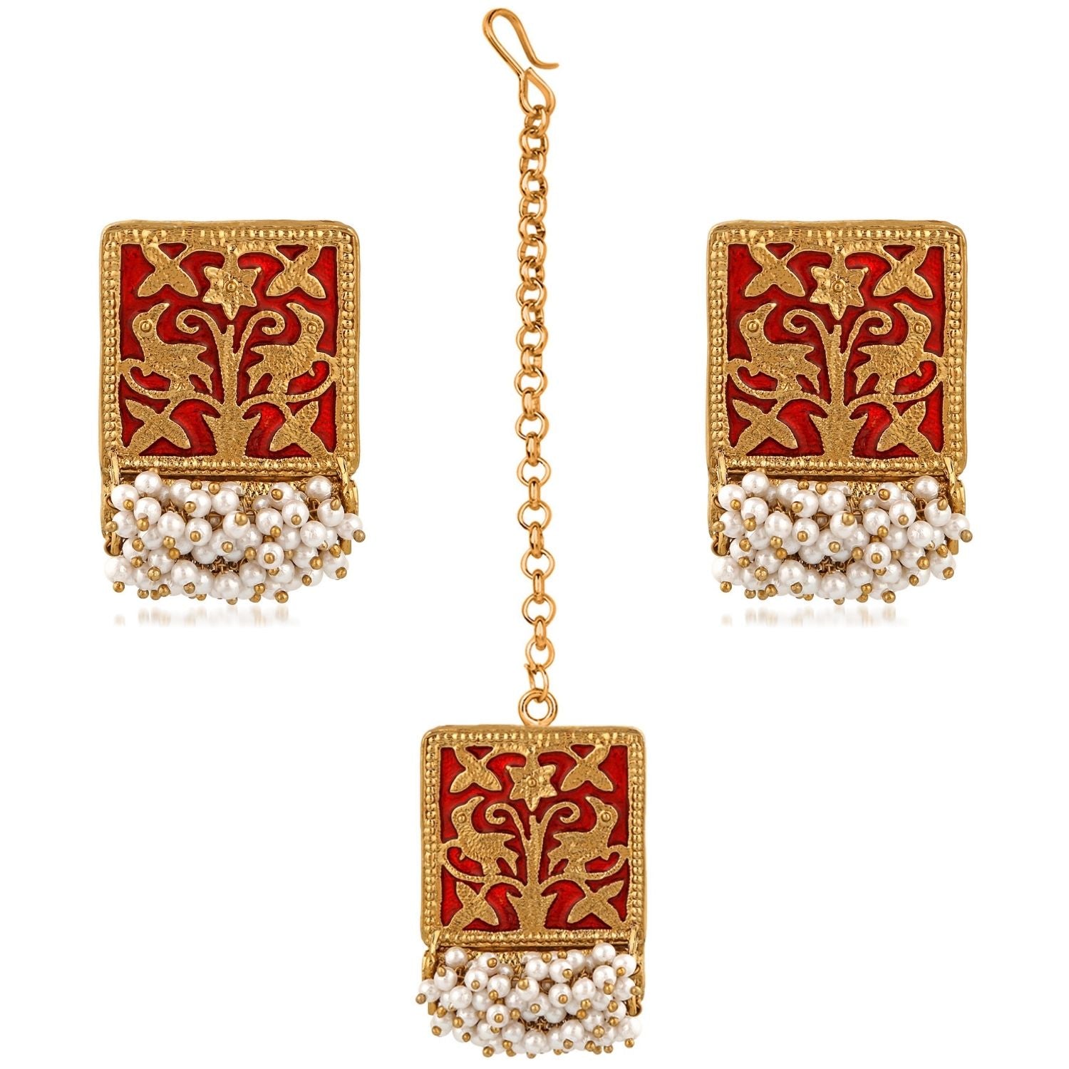 Meenakari Work Rectangular Shape Maangtikka & Earrings