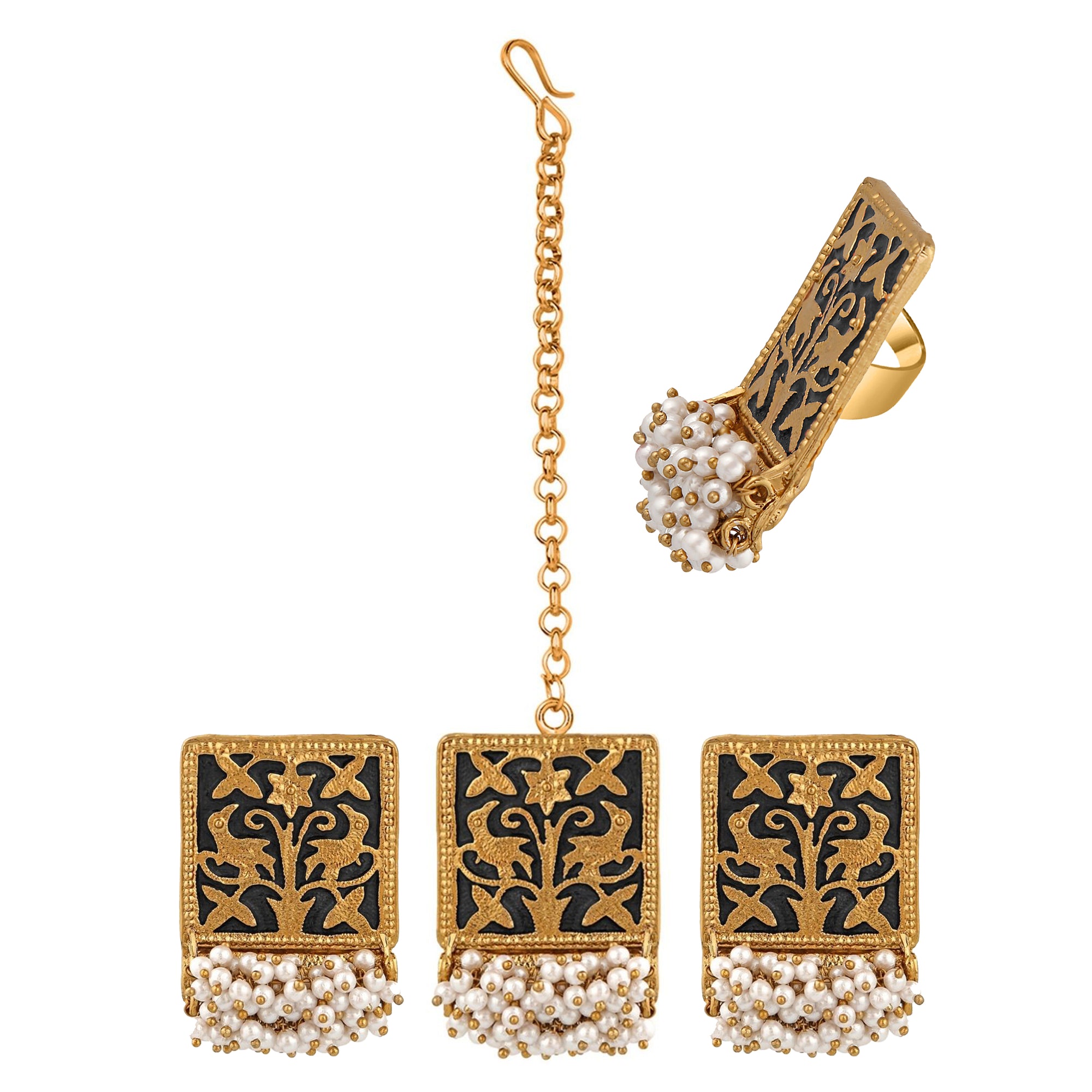 Meenakari Work Rectangular Shape Maangtikka Earrings & Finger Fing