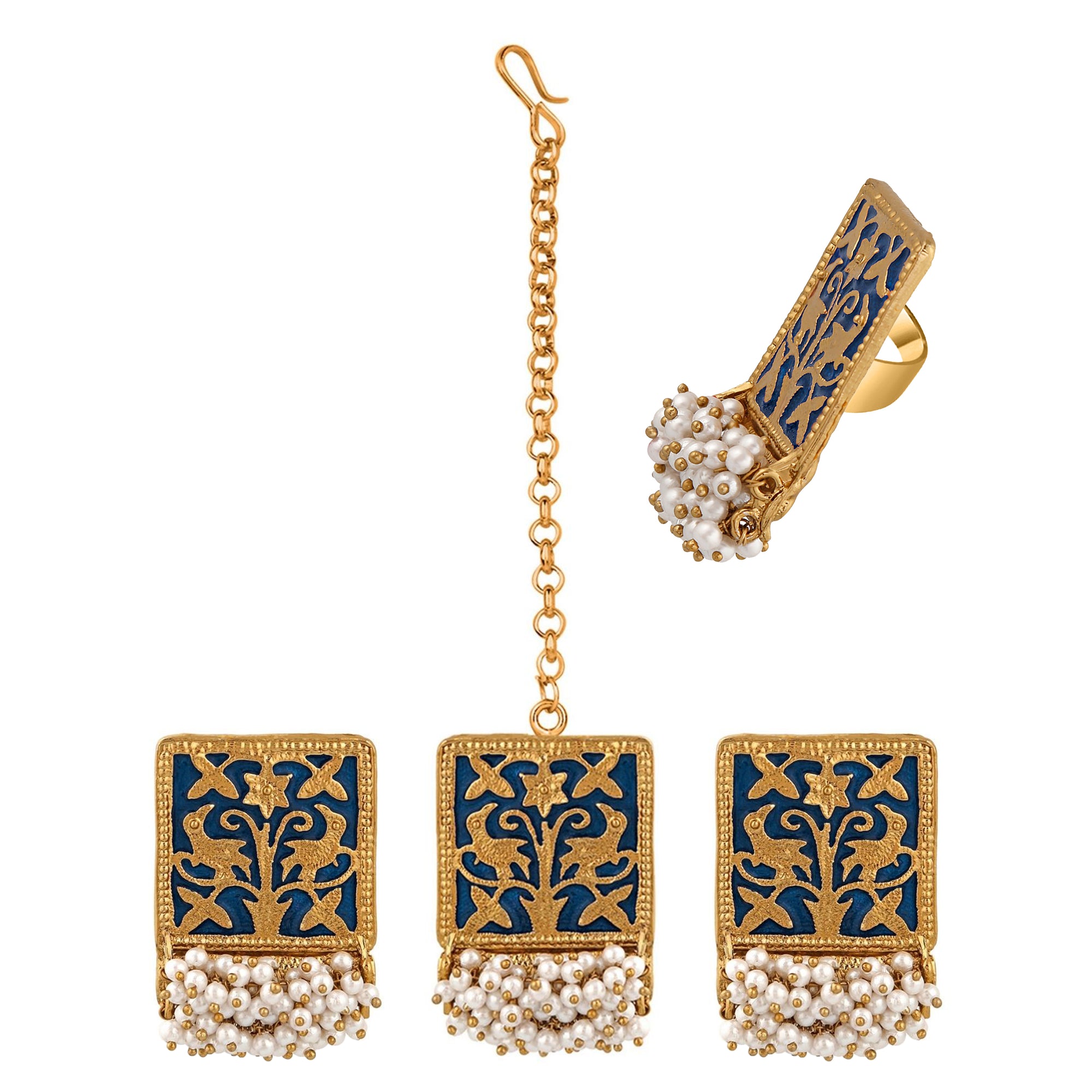 Meenakari Work Rectangular Shape Maangtikka Earrings & Finger Fing