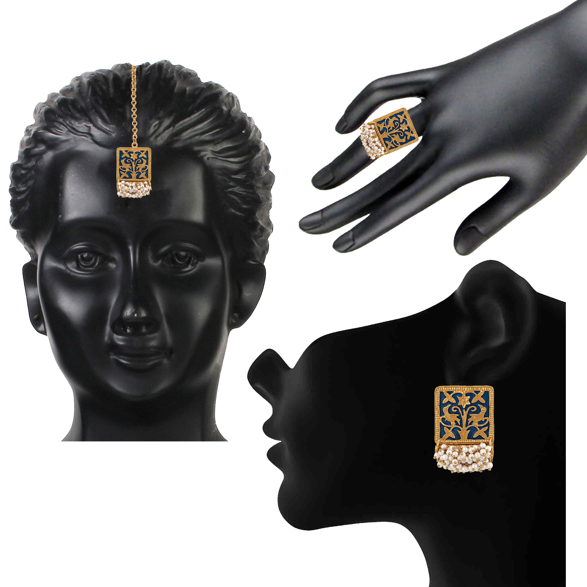 Meenakari Work Rectangular Shape Maangtikka Earrings & Finger Fing