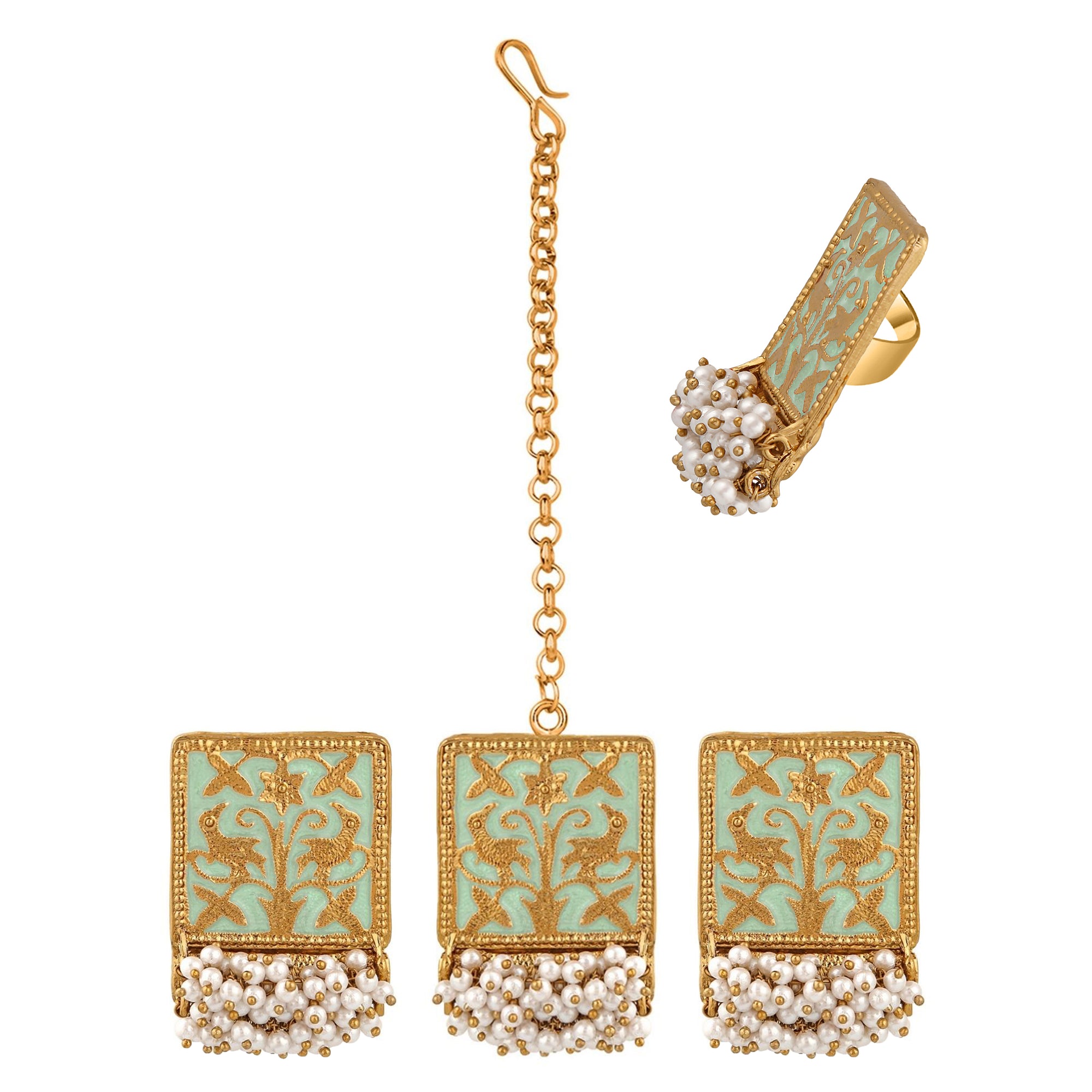 Meenakari Work Rectangular Shape Maangtikka Earrings & Finger Fing
