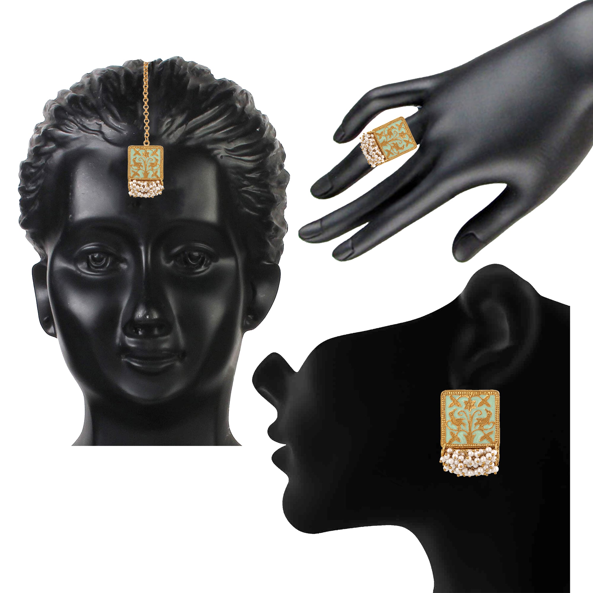 Meenakari Work Rectangular Shape Maangtikka Earrings & Finger Fing