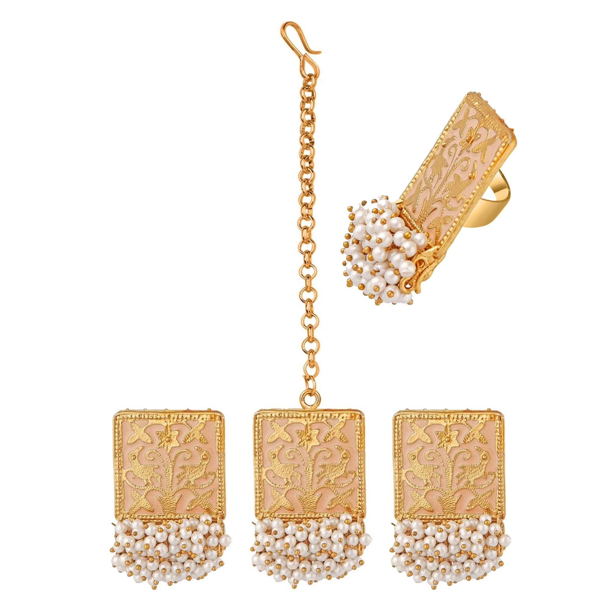 Meenakari Work Rectangular Shape Maangtikka Earrings & Finger Fing