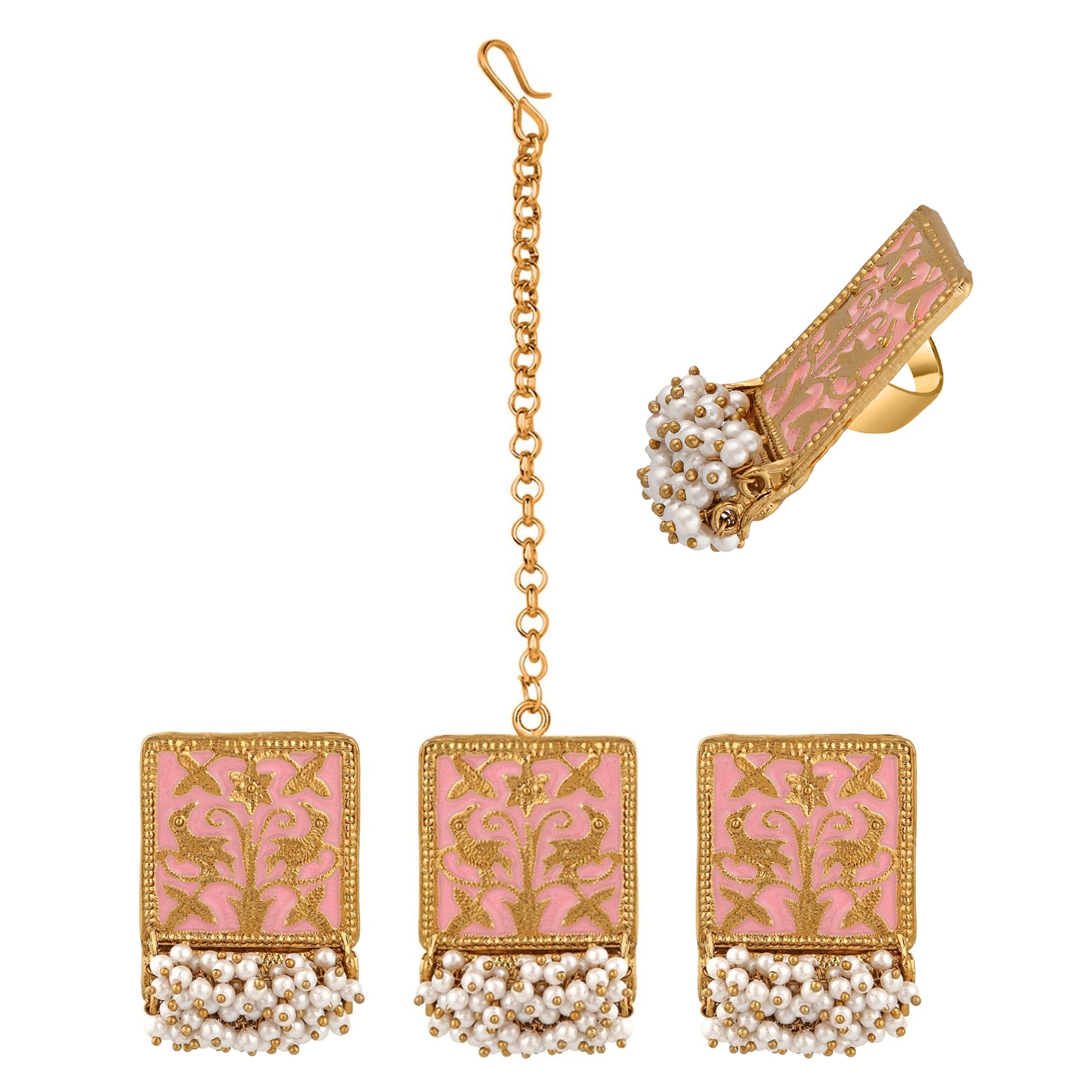 Meenakari Work Rectangular Shape Maangtikka Earrings & Finger Fing