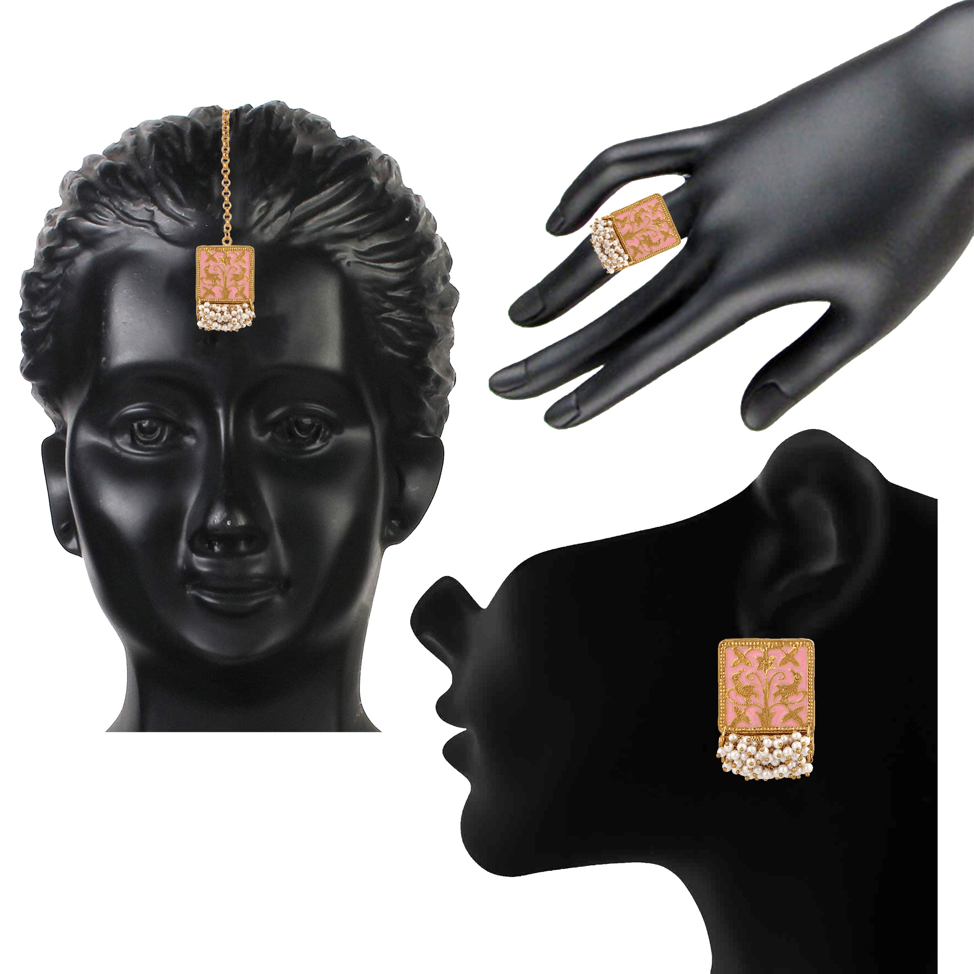 Meenakari Work Rectangular Shape Maangtikka Earrings & Finger Fing