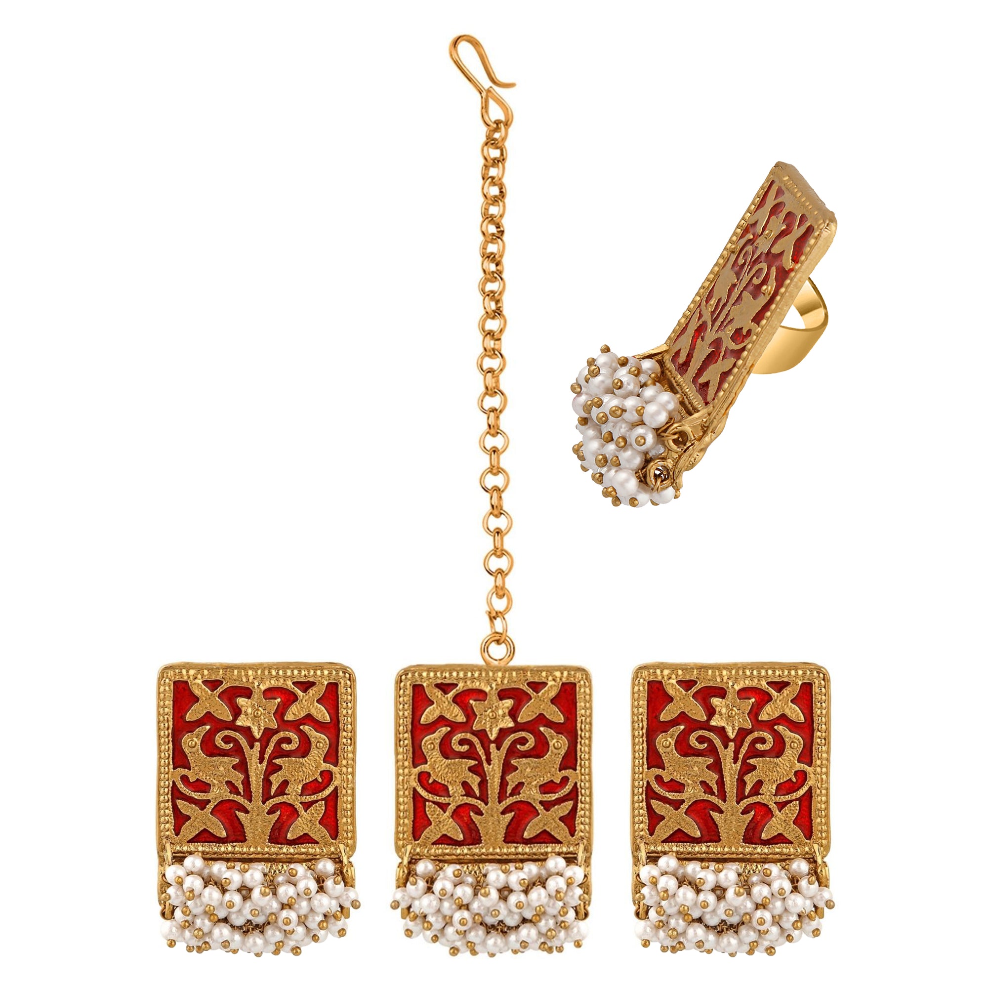 Meenakari Work Rectangular Shape Maangtikka Earrings & Finger Fing