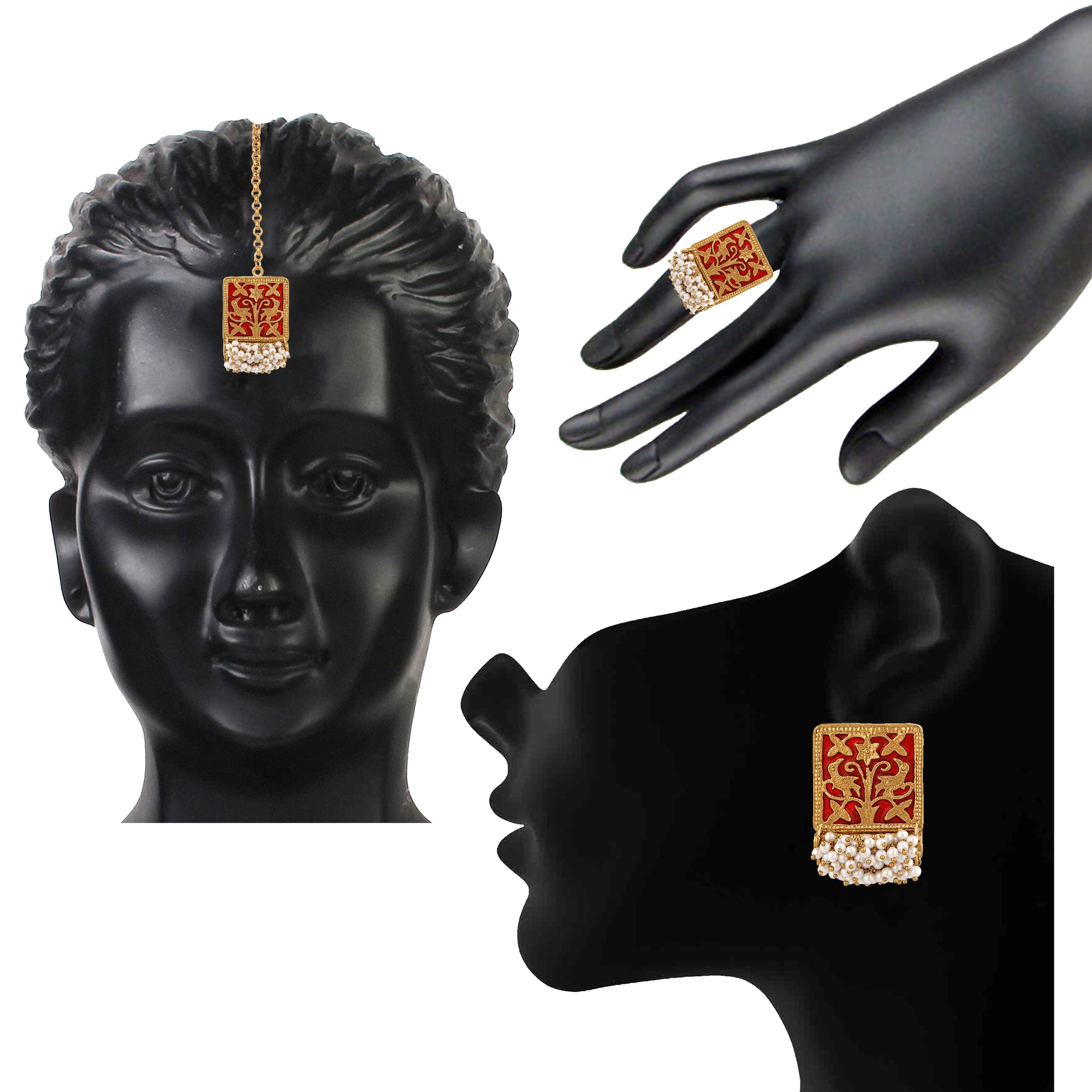 Meenakari Work Rectangular Shape Maangtikka Earrings & Finger Fing