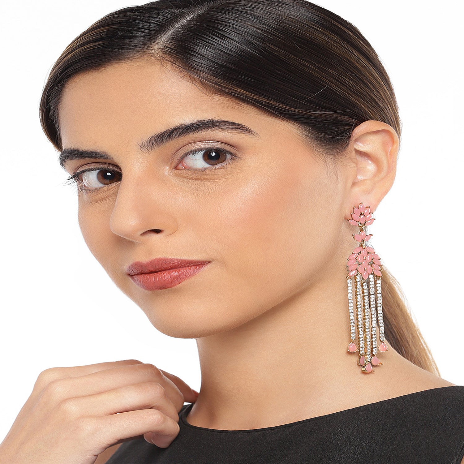 Sparkling carrot pink and white crystals dangler earrings