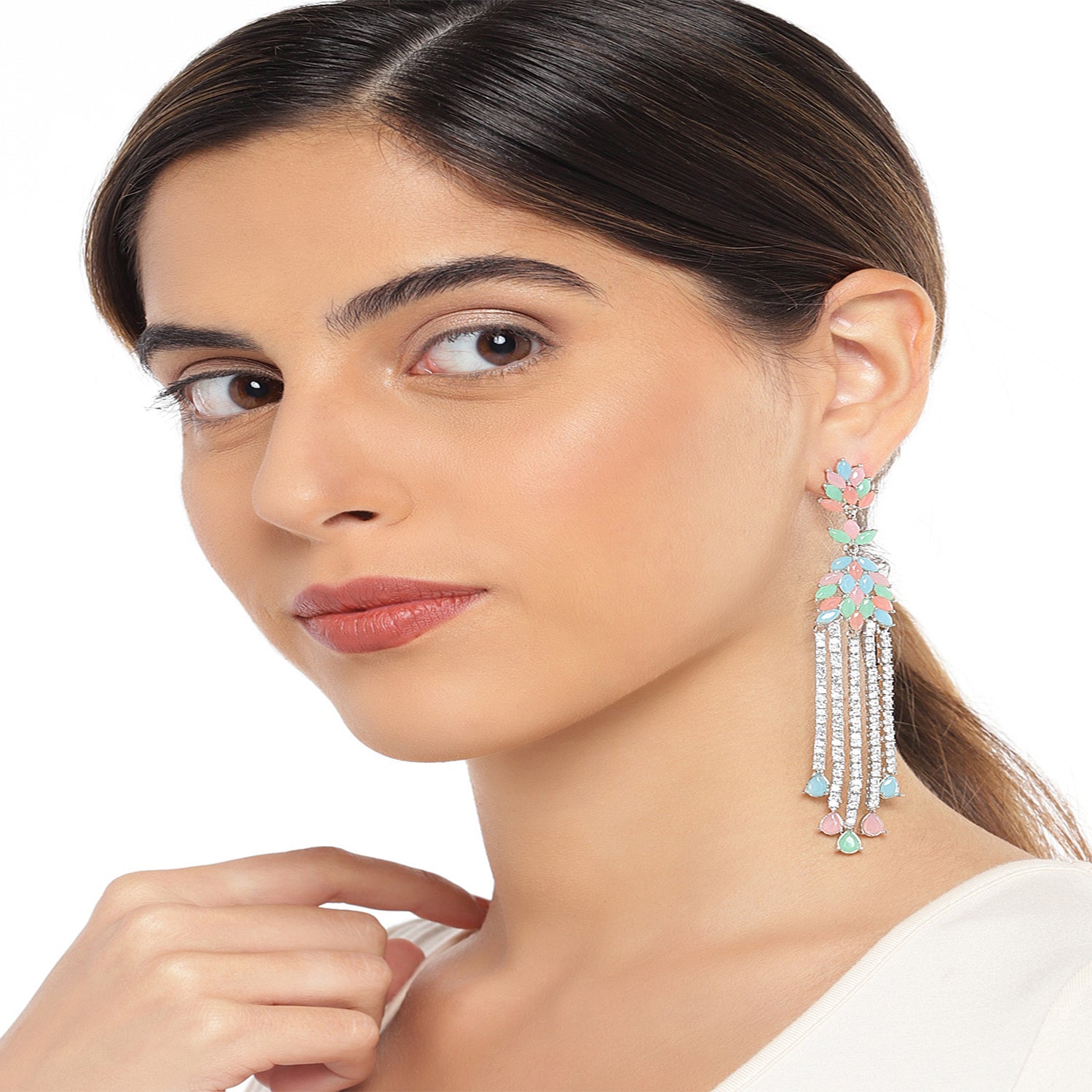 Sparkling carrot pink and white crystals dangler earrings