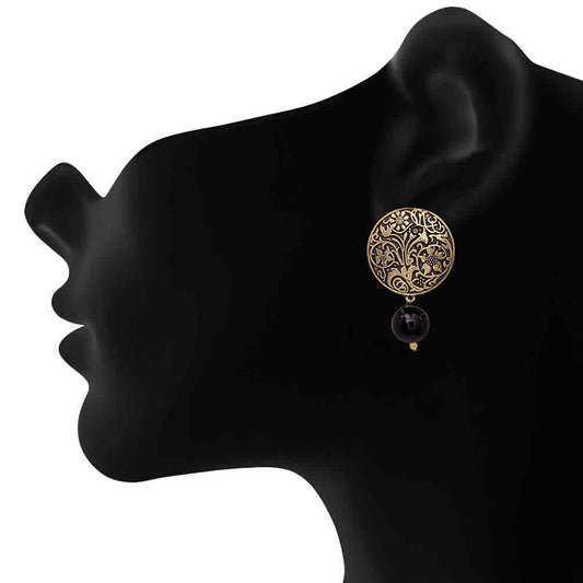 Handmade Art Work Coin Style Stud With Black Beads