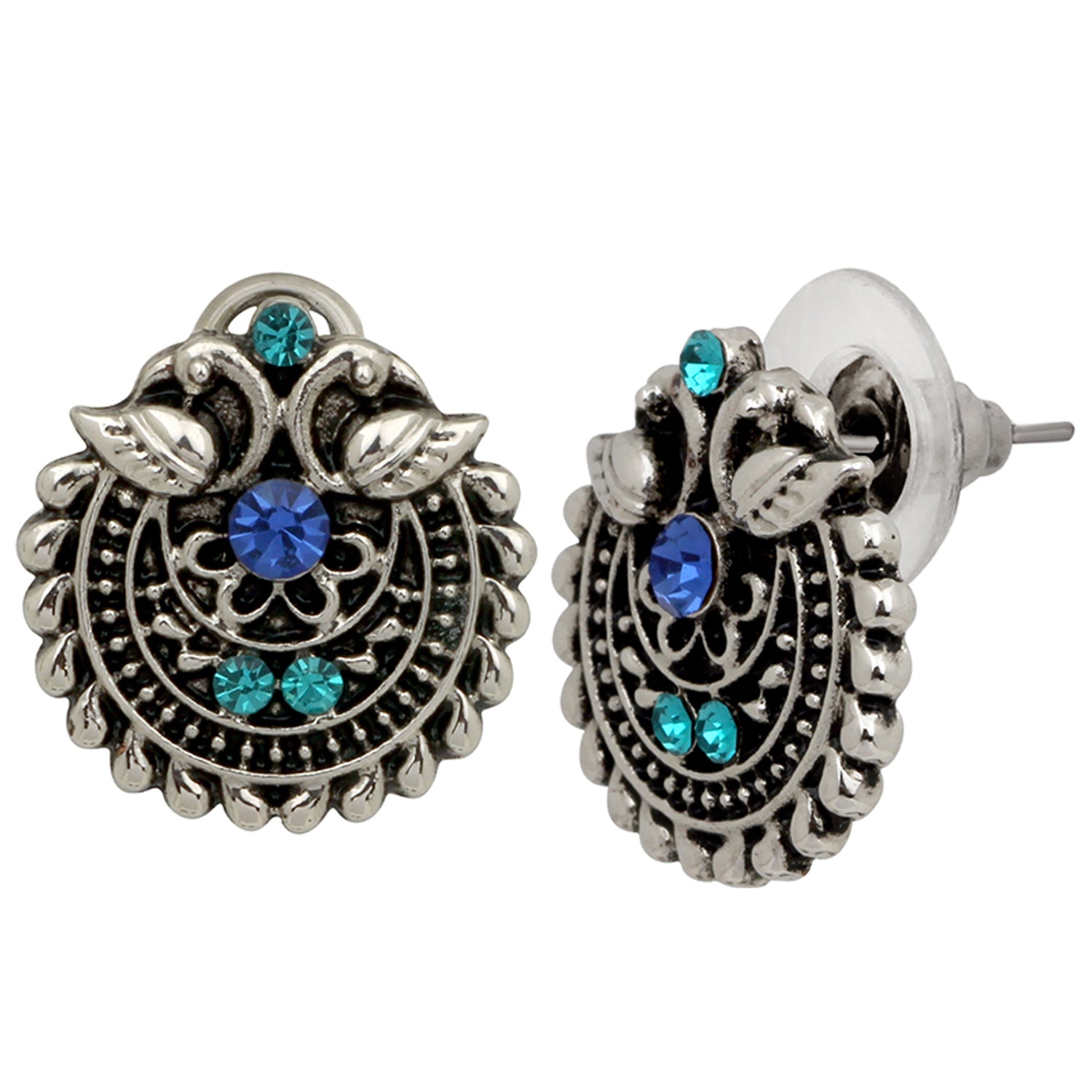 Silver Oxidized Traditional Green and Blue Crystal Stud Earrings